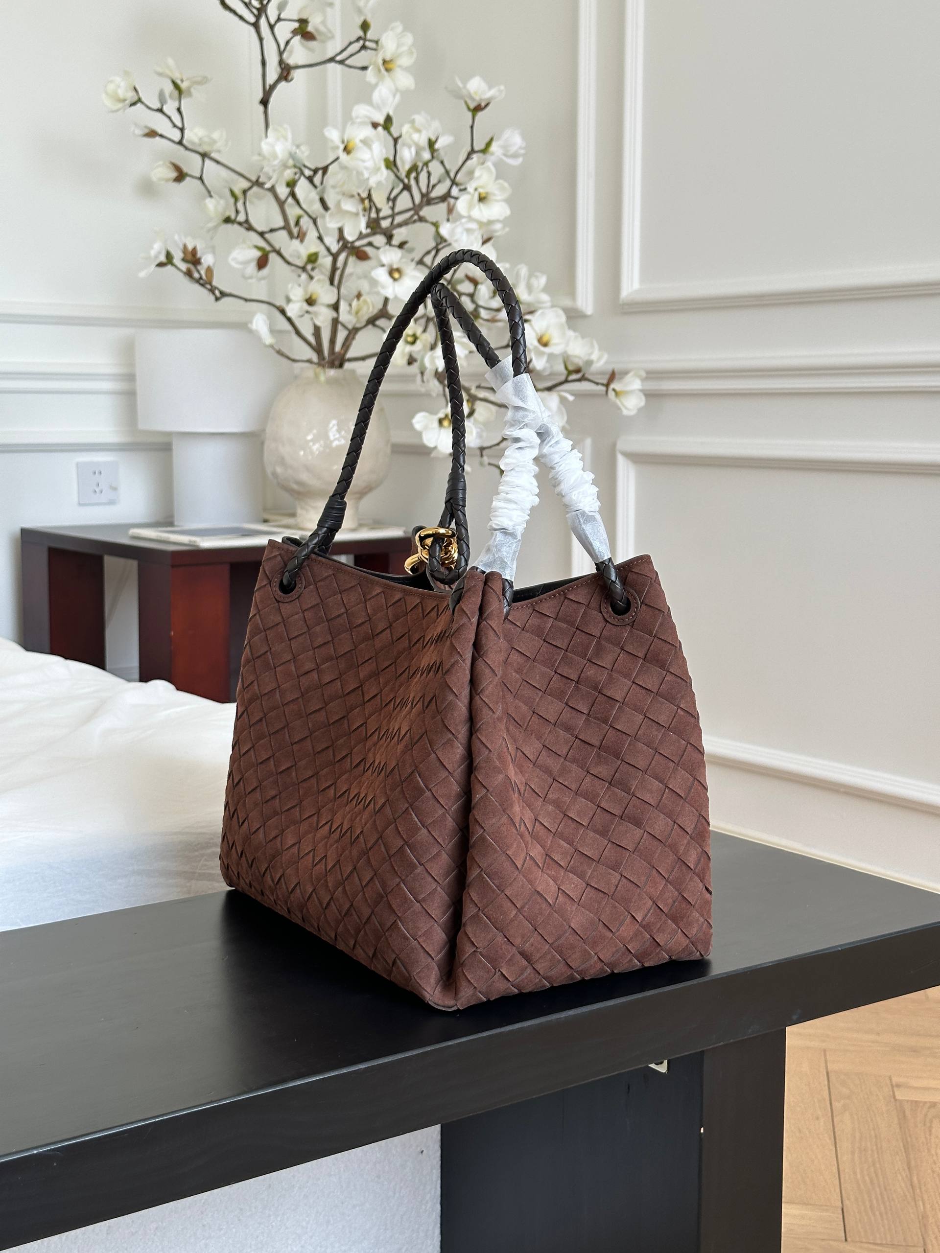 Bottega Veneta Dark Brown Suede Intrecciato Woven Knot Tote Bag