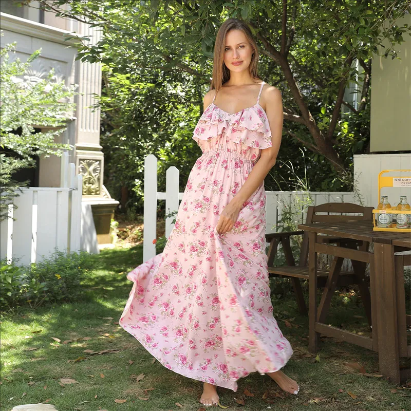 Robe Longue Fluide à Motif Floral 