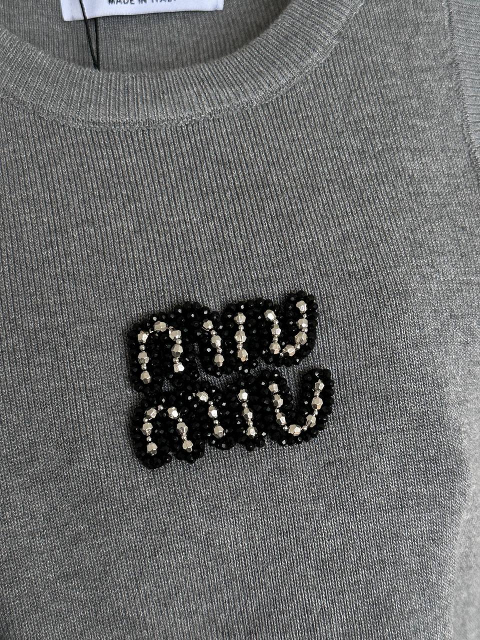 MIU MIU Rhinestone Beaded Logo Slim Crew Neck Knit Tank Top