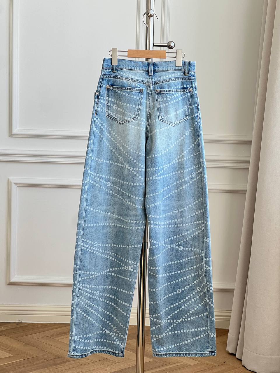 Wave Dot Printed High Waist Wide Leg Washed Denim Jeans