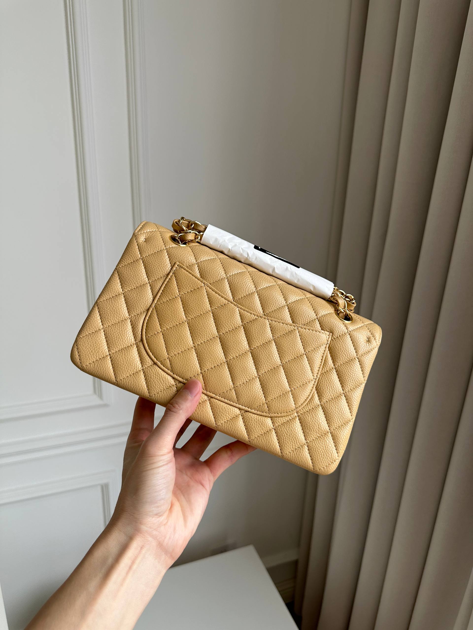Chanel Medium Classic Flap Beige Caviar Leather Quilted Chain Bag