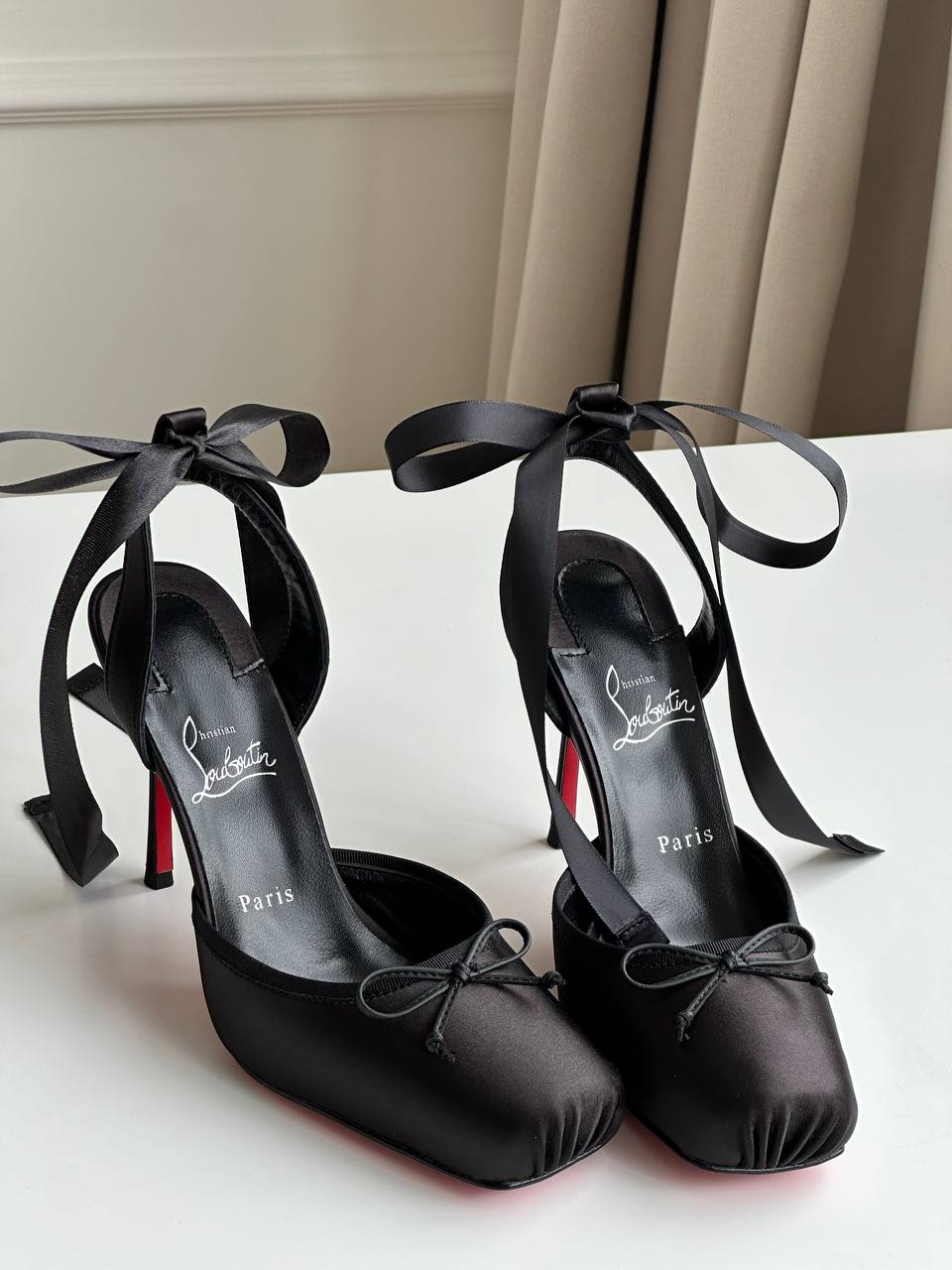 Christian Louboutin Black Satin Double Bow Tie Slingback Stiletto Heels With Iconic Red Sole