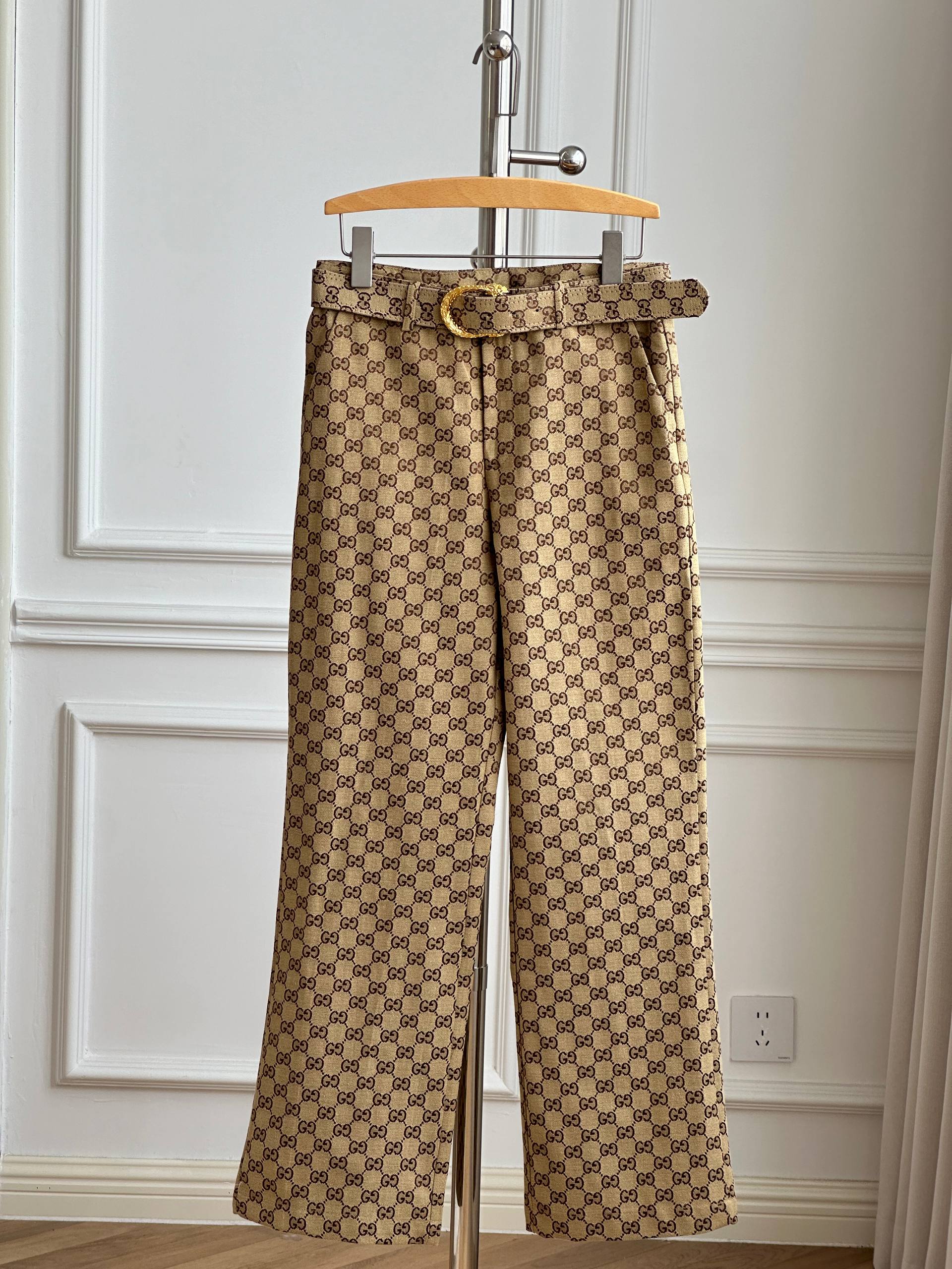 Gucci GG Monogram Belted Wide Leg Trousers