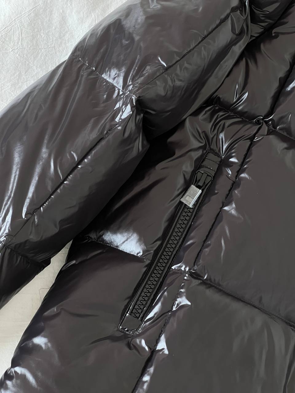 Moncler Black Shiny Nylon Contrast Brown Lining Detachable Hood Down Jacket