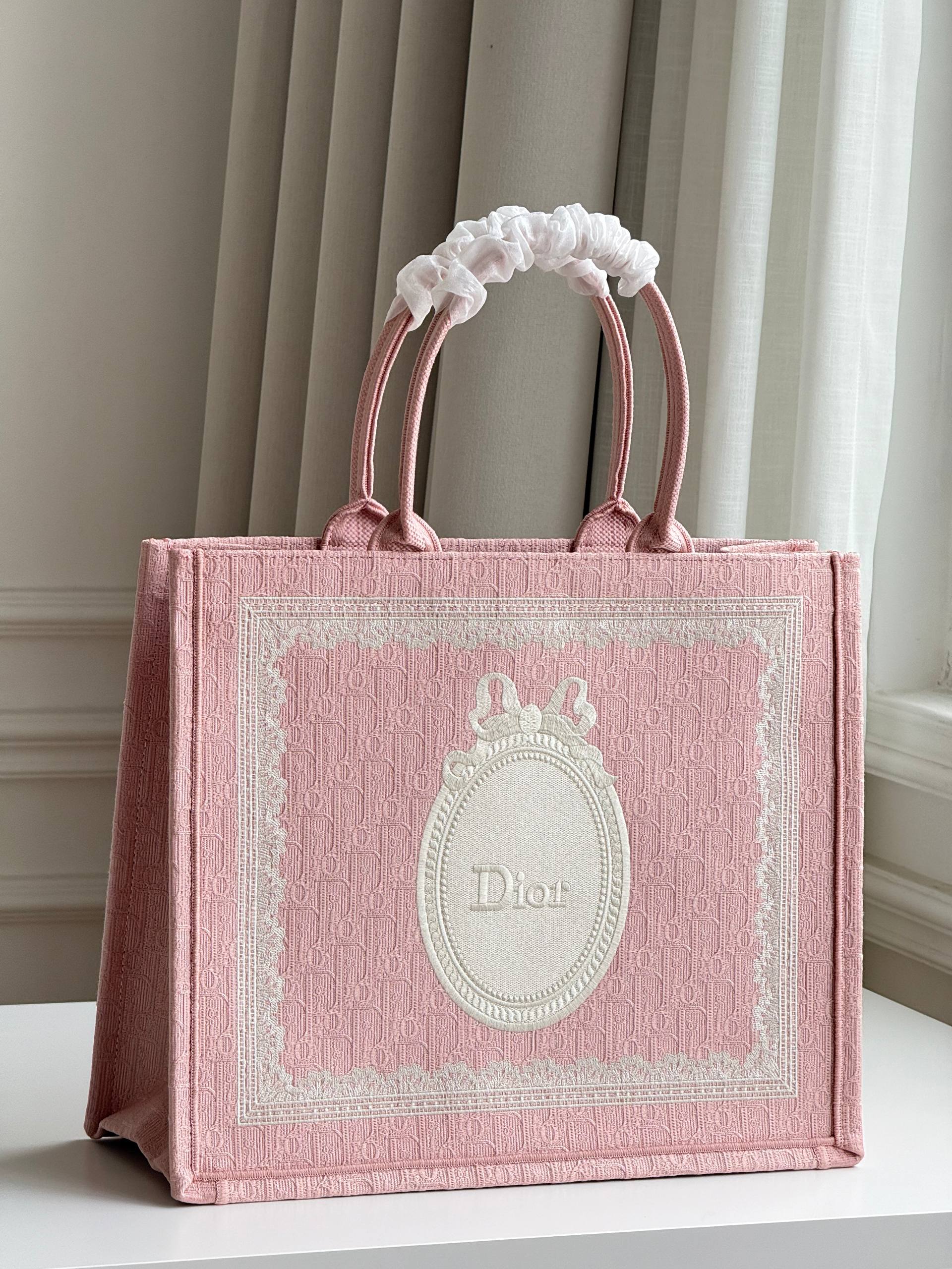 Dior Pink Lace Bow Embroidered Book Tote Handbag