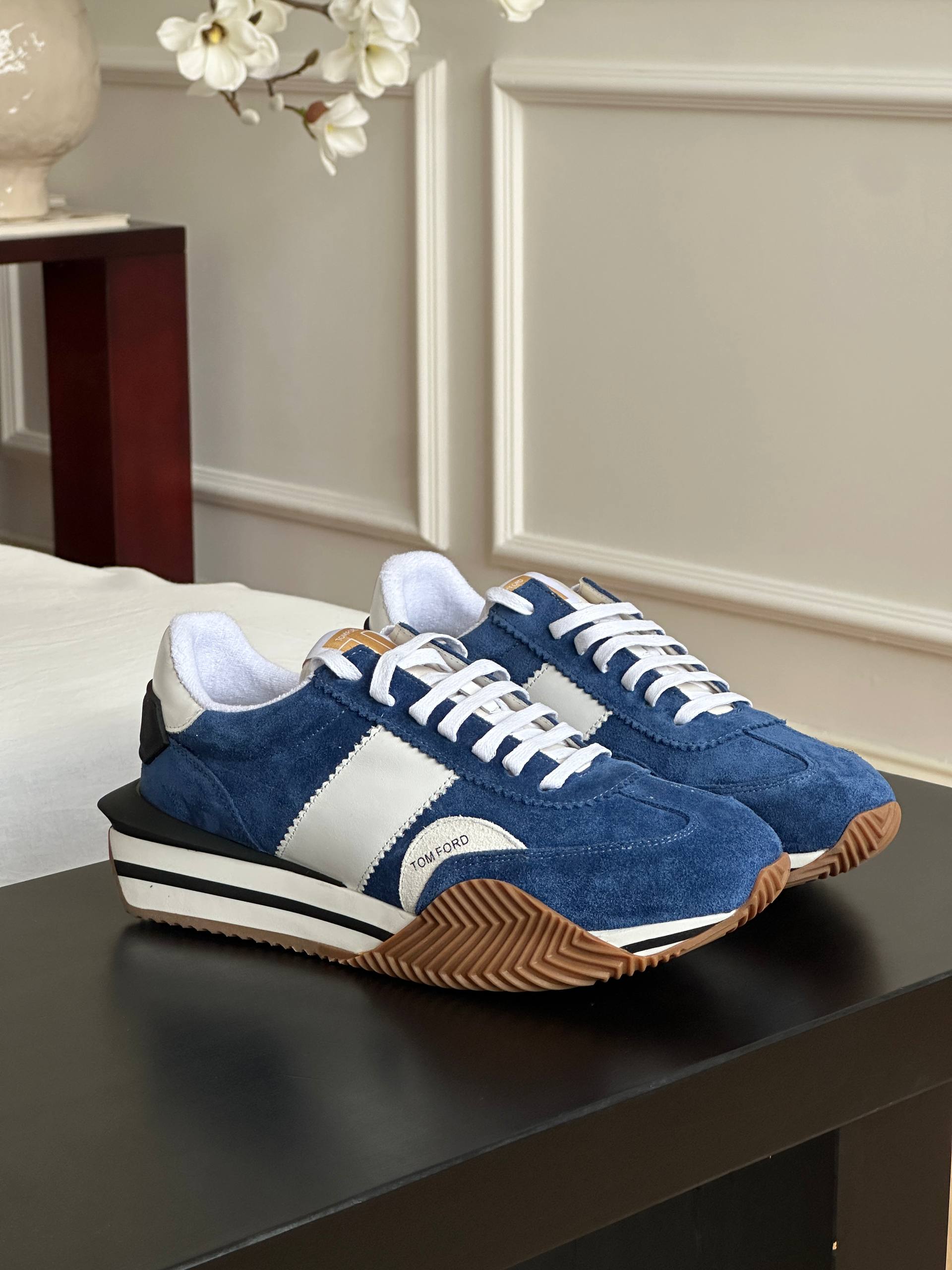 Tom Ford Blue White Suede Panel Retro Trainer Sneakers