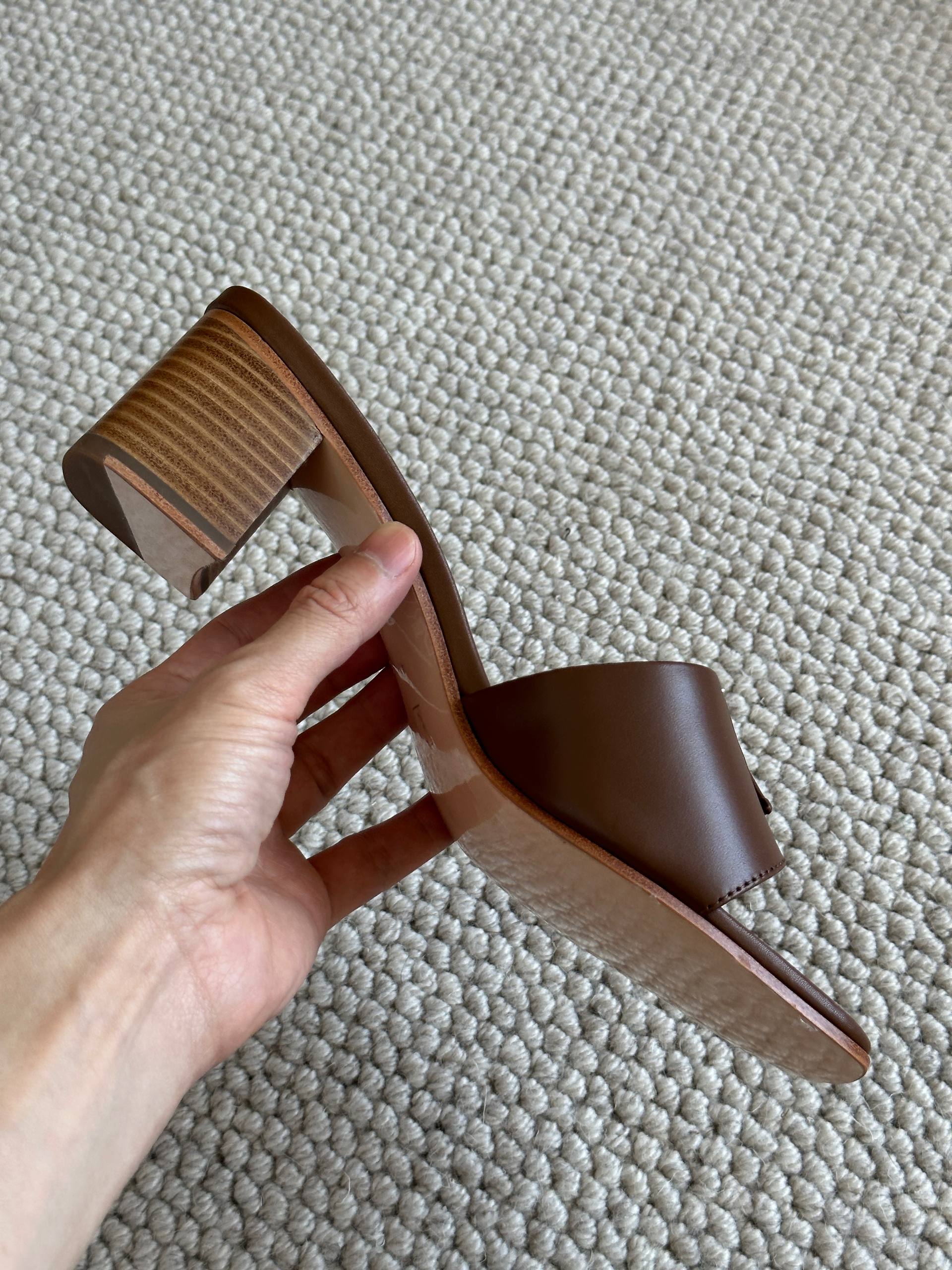 Louis Vuitton Dark Brown Calf Leather LV Logo Block Heel Mules