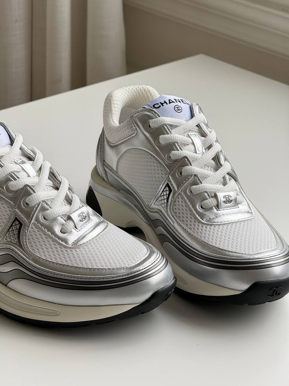CHANEL Mesh & Metallic Calfskin Sneakers