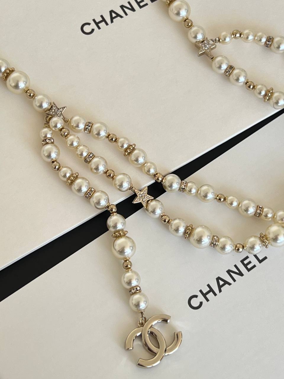Chanel Star Crystal CC Pendant Multi-layer Pearl Long Necklace