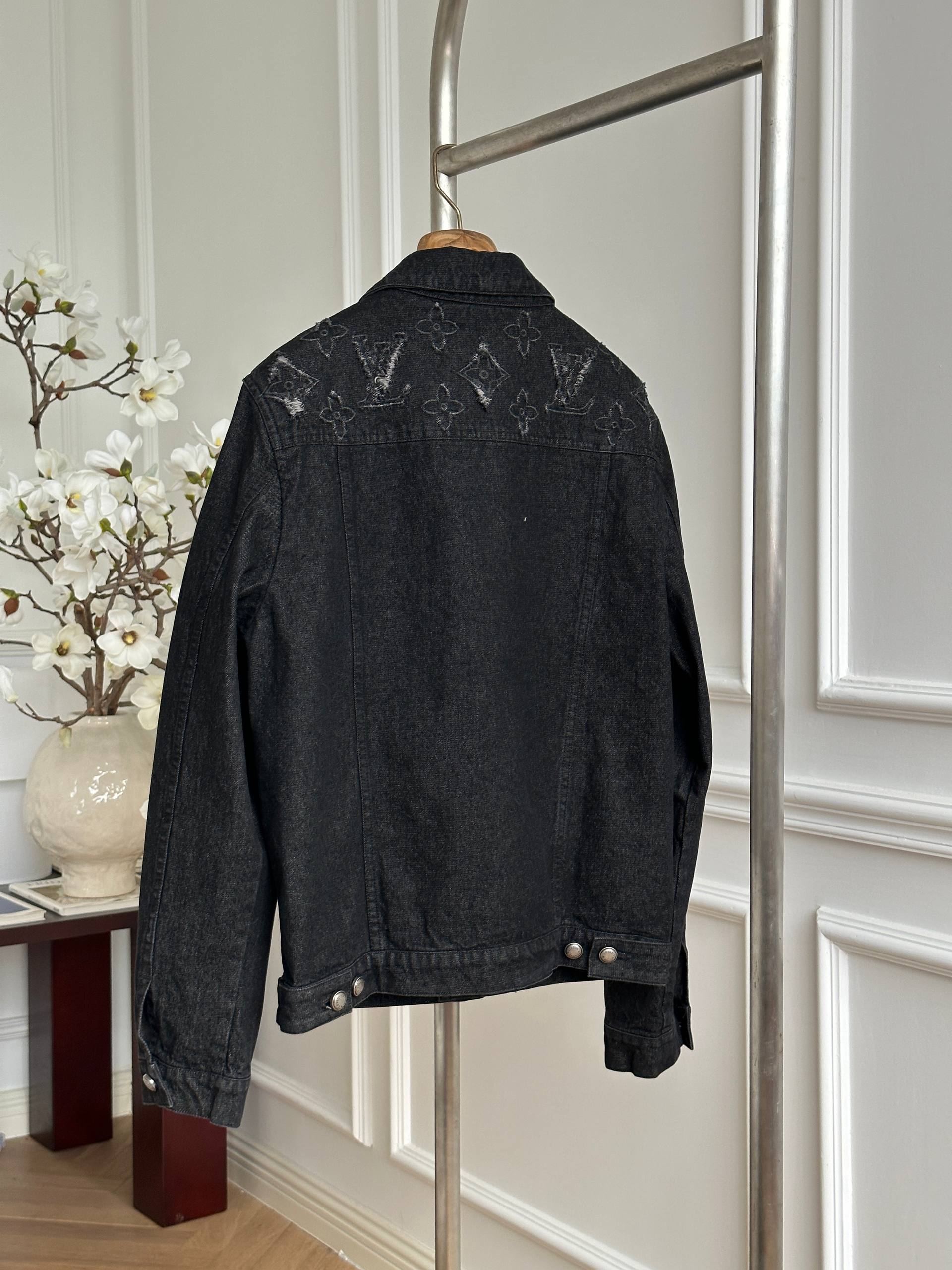 Louis Vuitton Black Washed Distressed LV Monogram Collar Denim Jacket