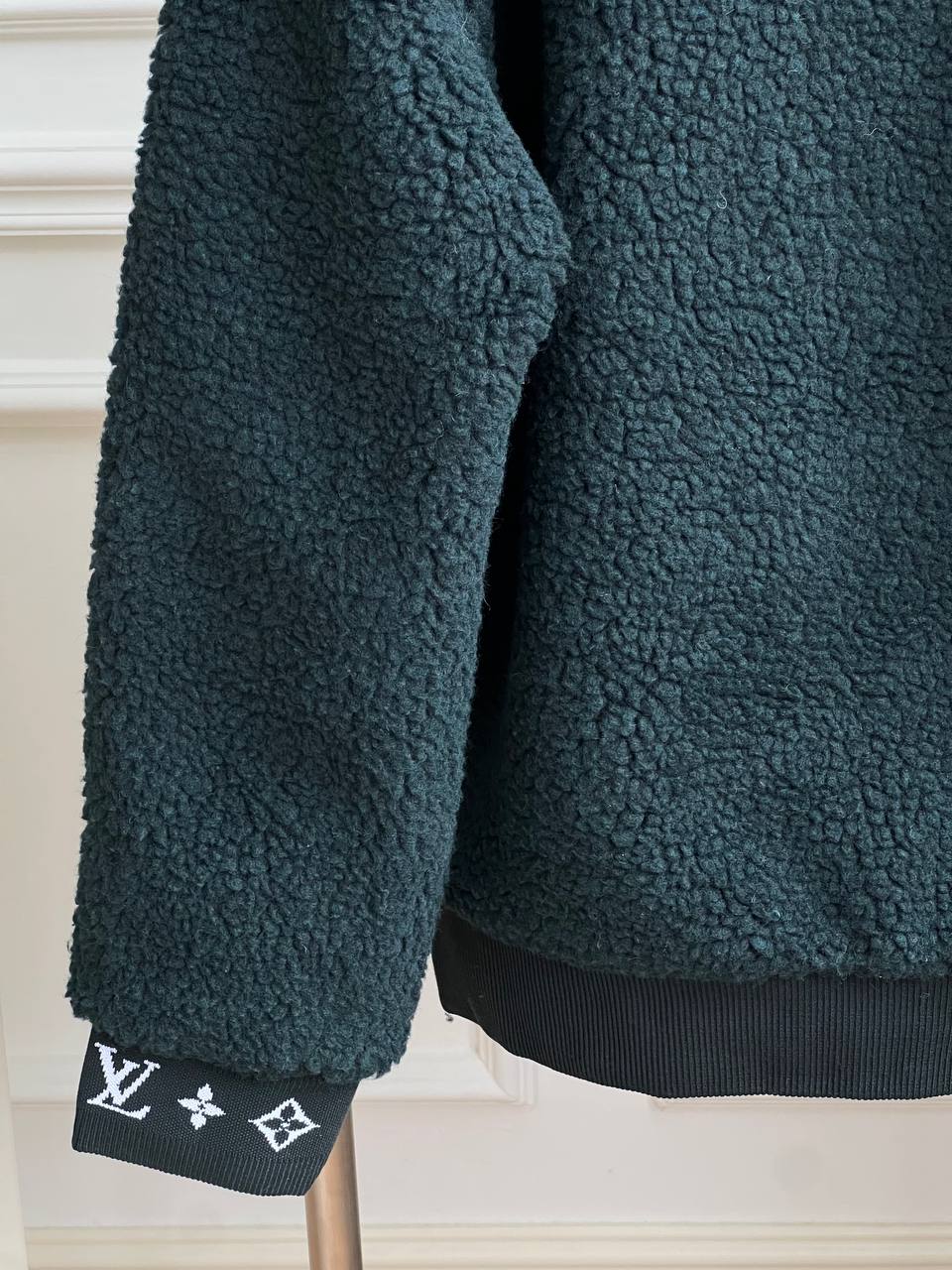 Louis Vuitton Dark Green Stand Collar Teddy Fleece Zip Jacket With Leather Logo Patch