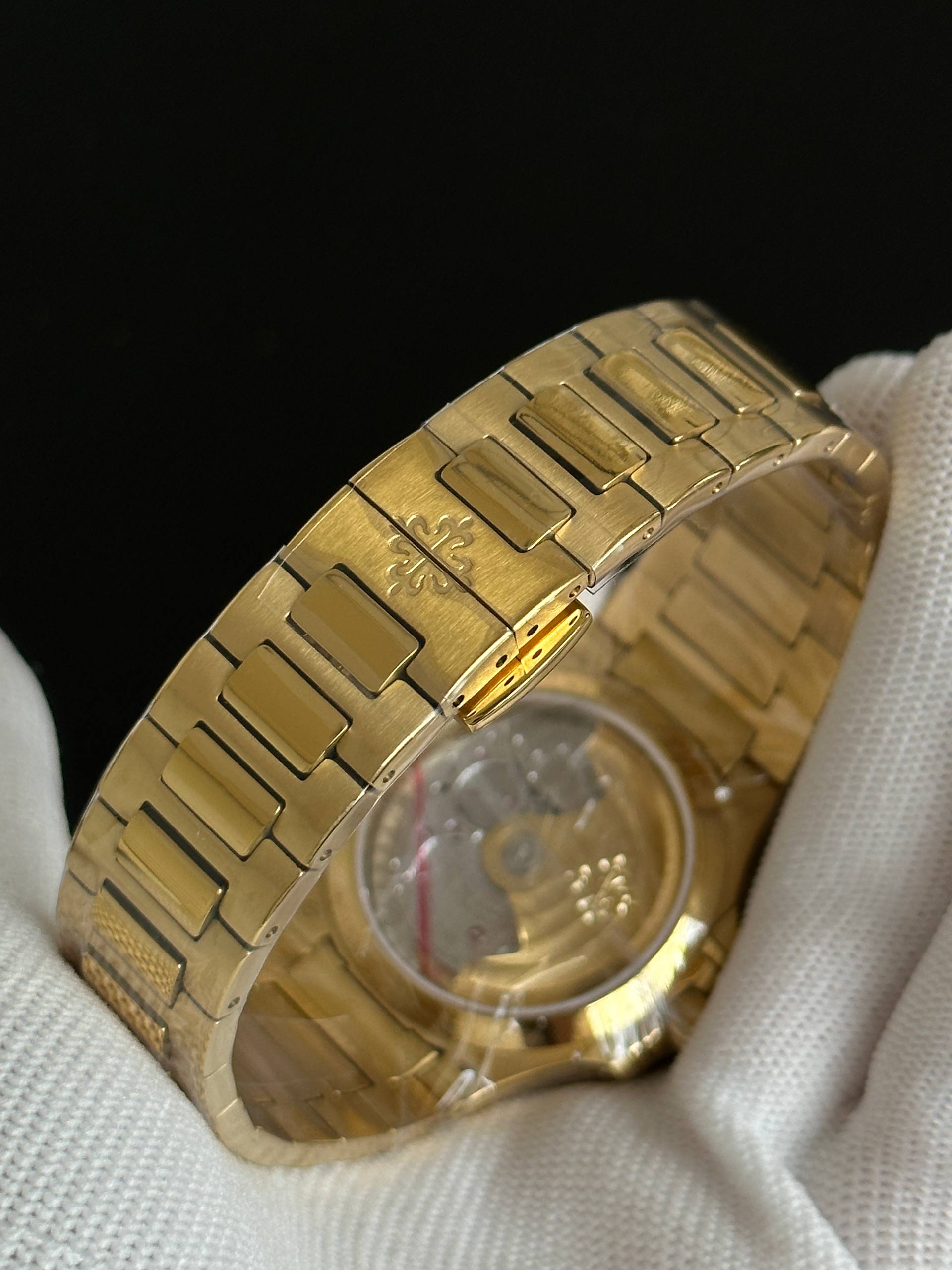 Patek Philippe Nautilus Full Yellow Gold Diamond Bezel White Dial Automatic Watch