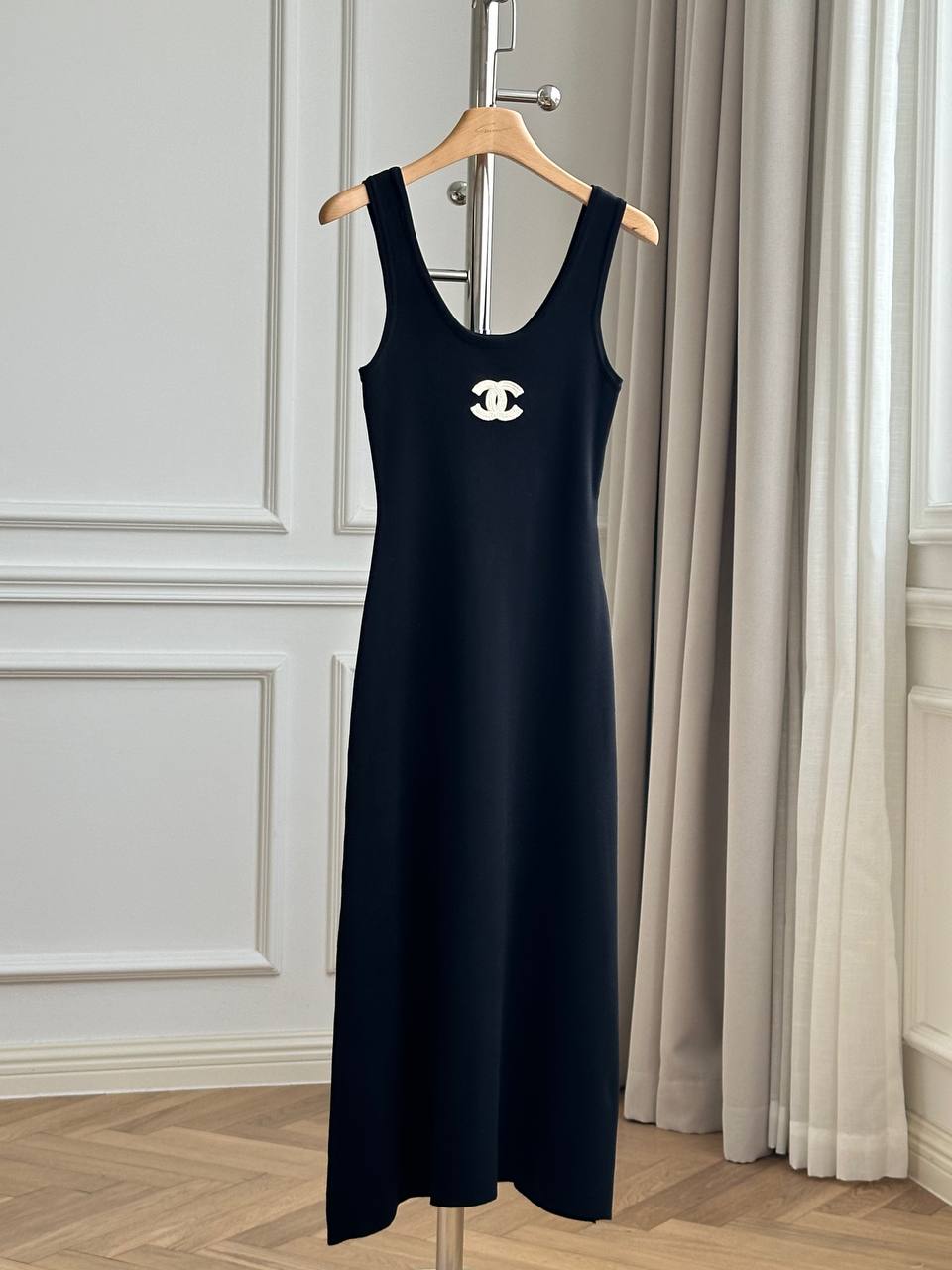 Chanel Black Stretch Knit U-Neck Wide Strap Midi Dress With White Interlocking CC Embroidery Logo