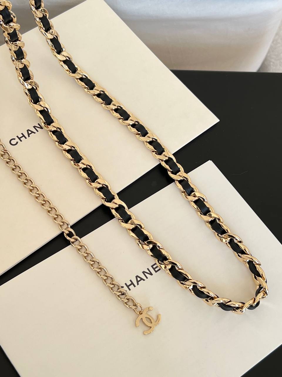 Chanel Leather Interwoven Metal Chain CC Pendant Necklace