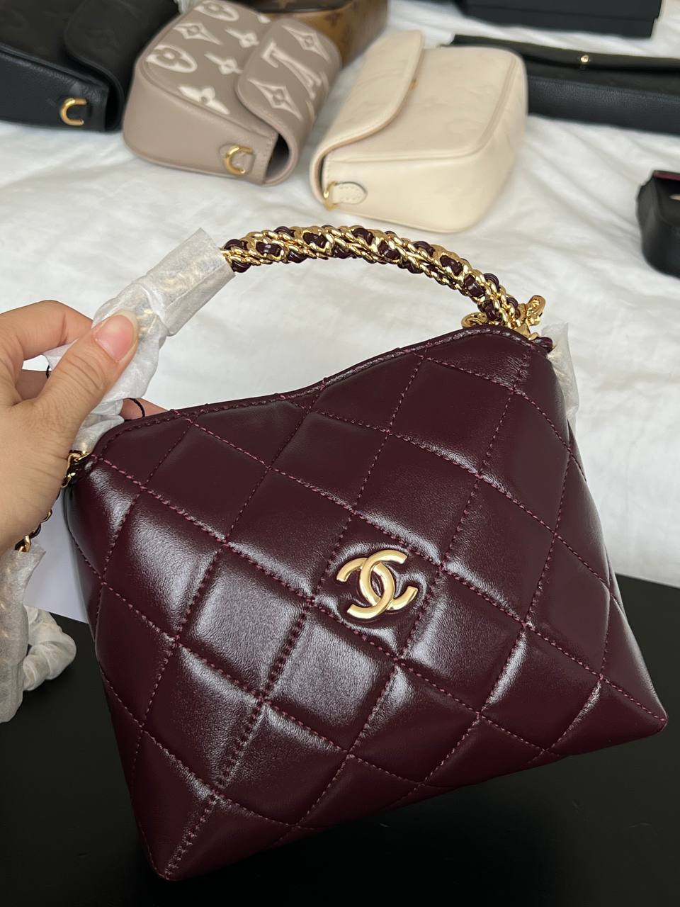 Chanel Burgundy Shiny Wax Leather Quilted Hobo Bag With Braided Chain Handle & Gold CC Logo