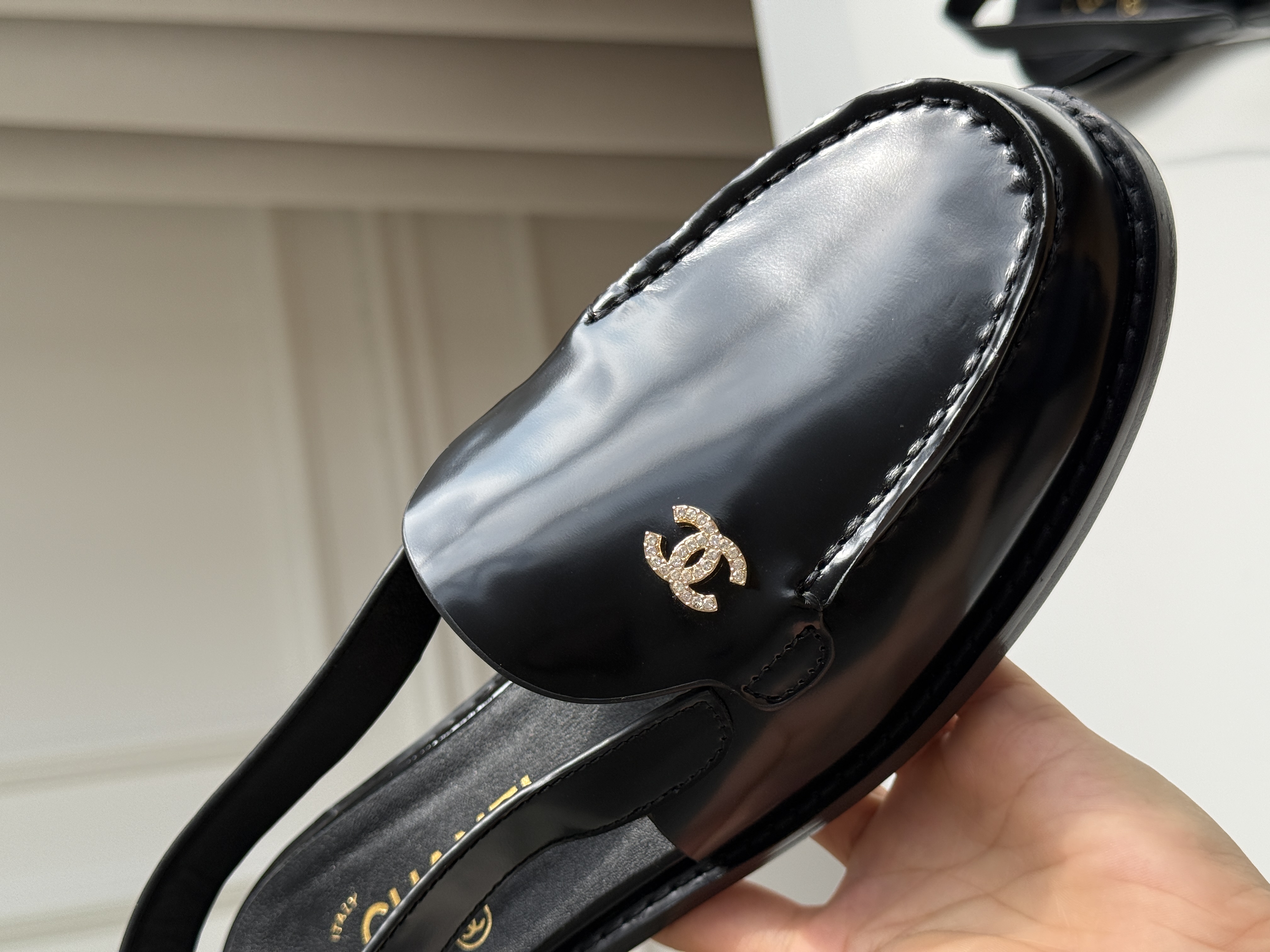 Chanel Patent Leather Crystal CC Slingback Loafers