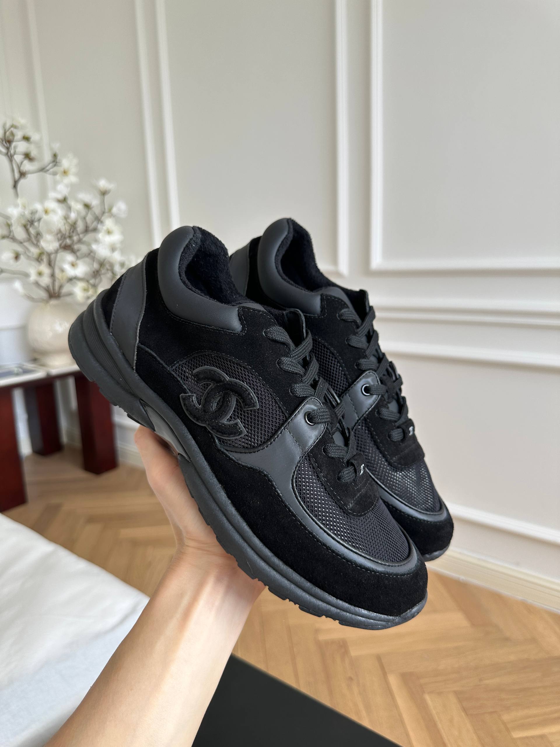 Chanel All-black Suede Mesh Panel CC Logo Low Top Sneakers