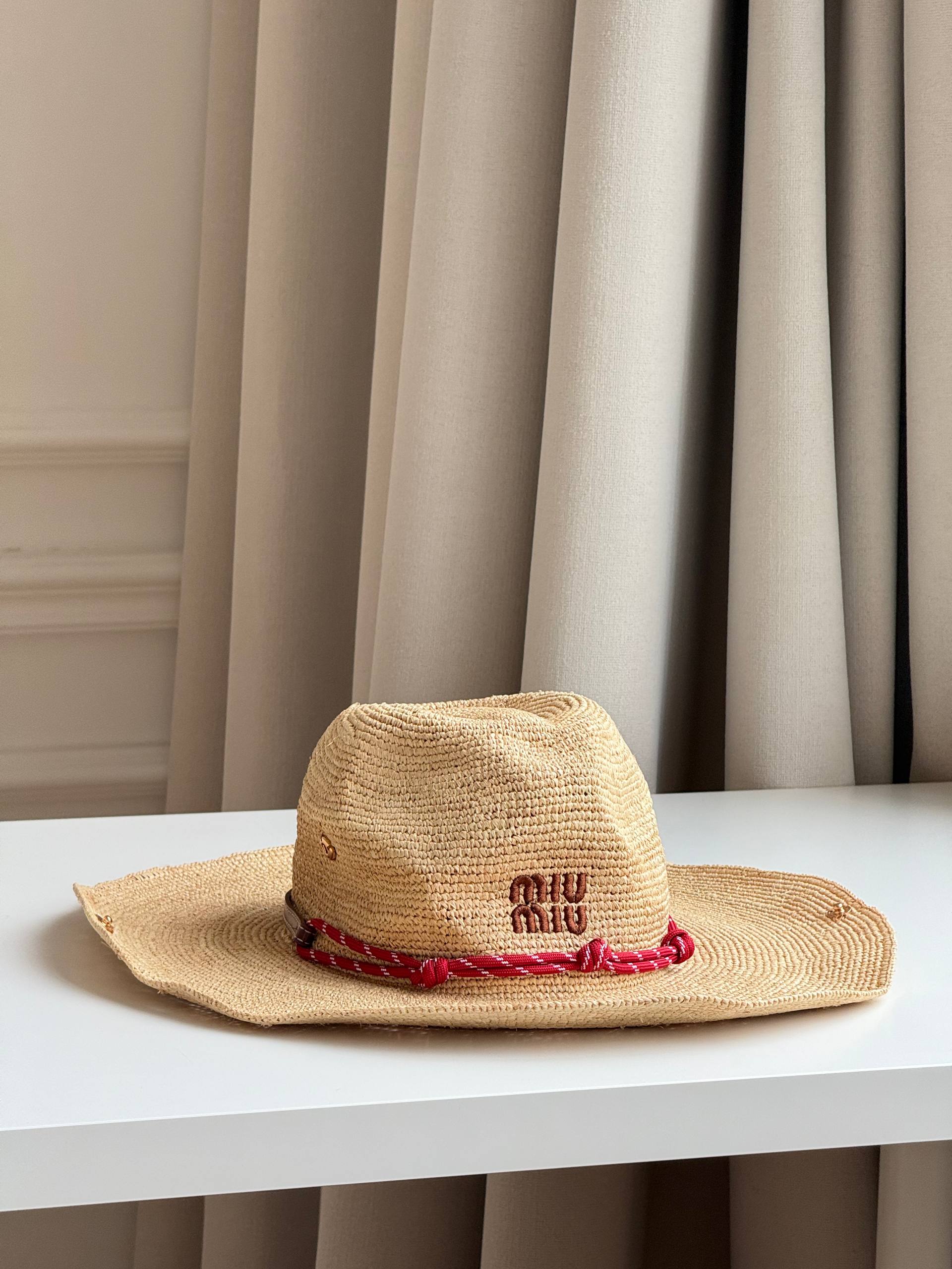Miu Miu Raffia Woven Cowboy-Style Wide-Brim Straw Hat