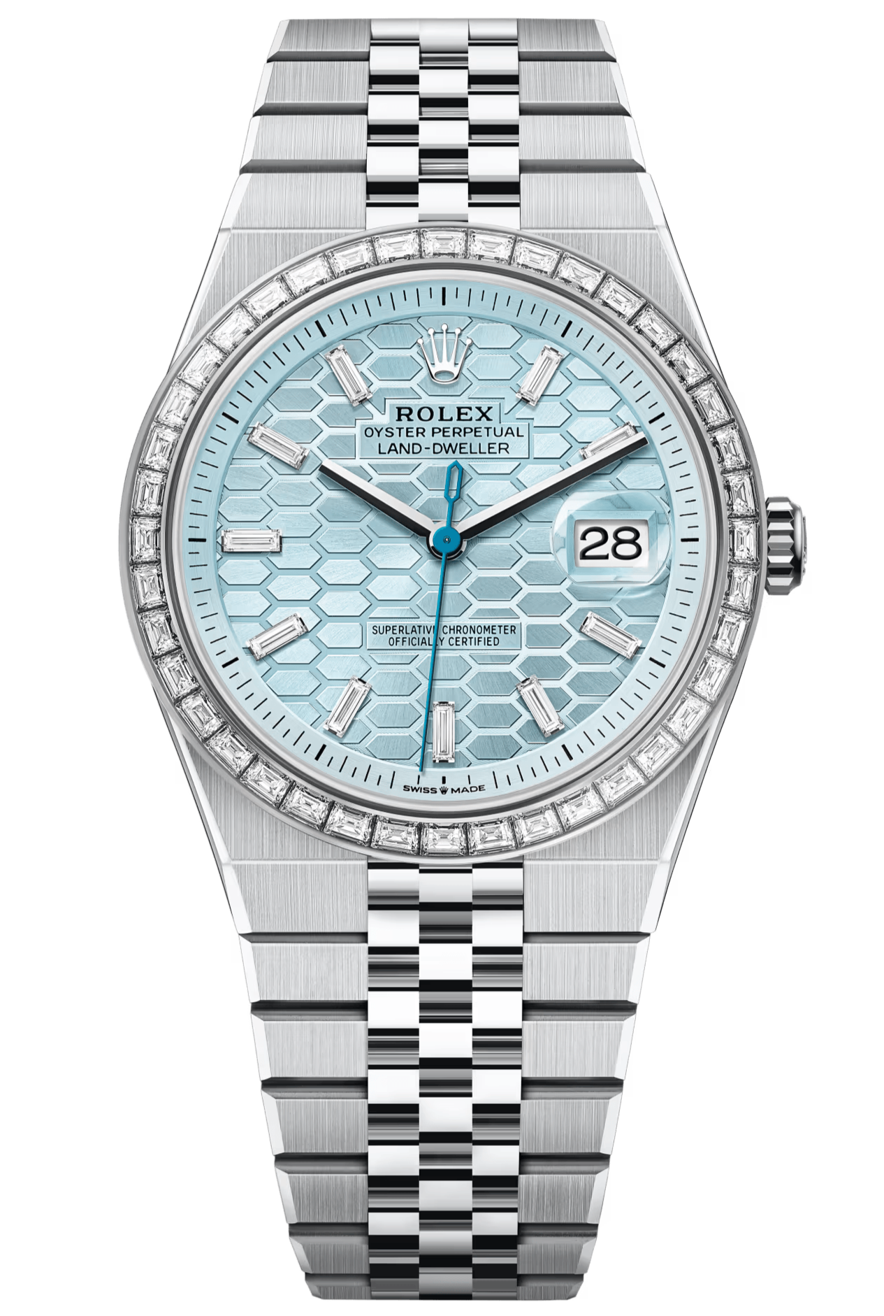 Rolex Land-Dweller 40mm Platinum Fluted Bezel Ice Blue Honeycomb-Motif Diamond Baguette Dial Flat Jubilee - 127386TBR - New 2025【1:1 Replica】