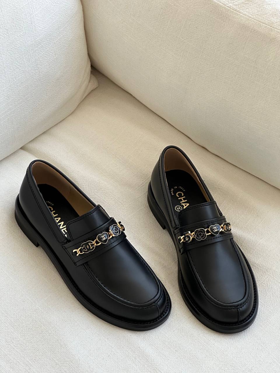 Chanel Smooth Leather Multi-motif Metal Ornament Block Heel Loafers