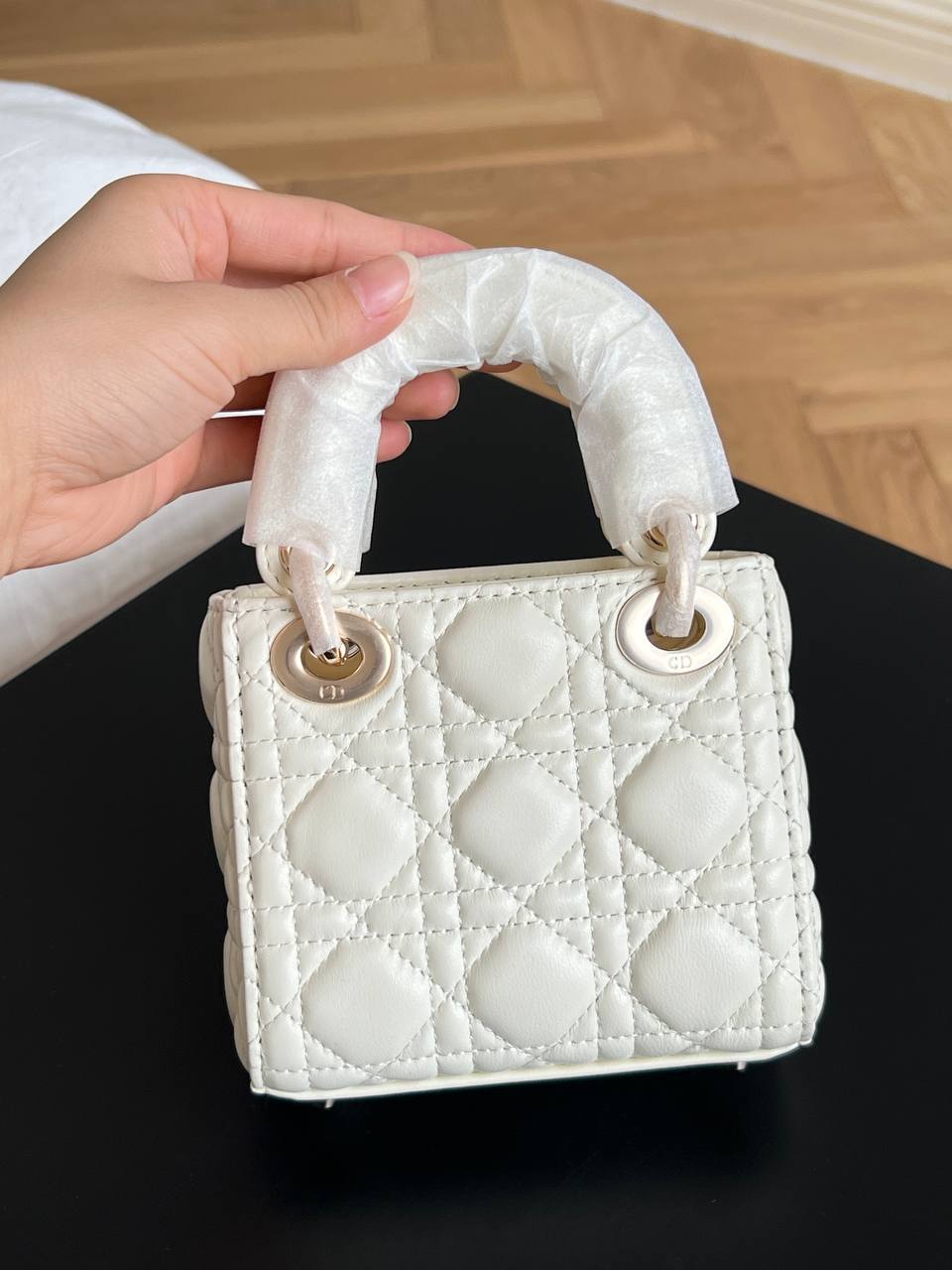Dior Cream Lambskin Cannage Mini Lady Dior Handbag With Light Gold Hardware