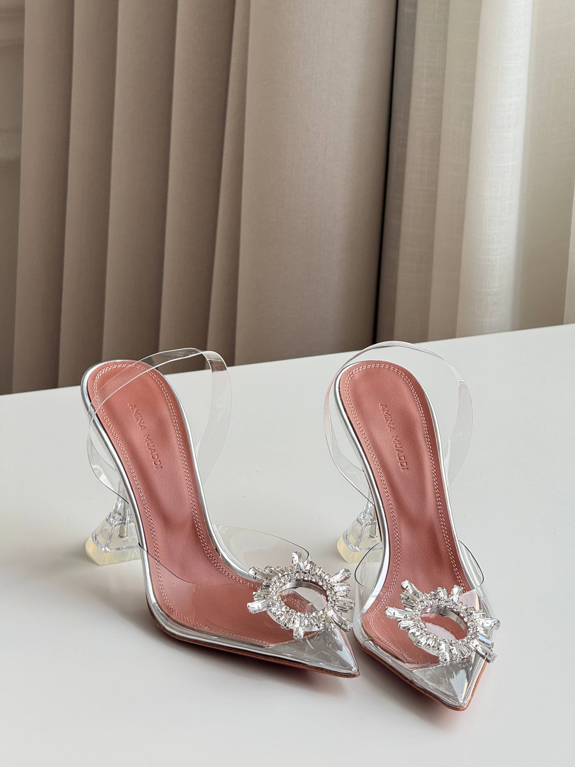 Anna Muaddi Crystal Sun Embellished Clear PVC Pointed Toe Transparent Heel Slingback Sandals