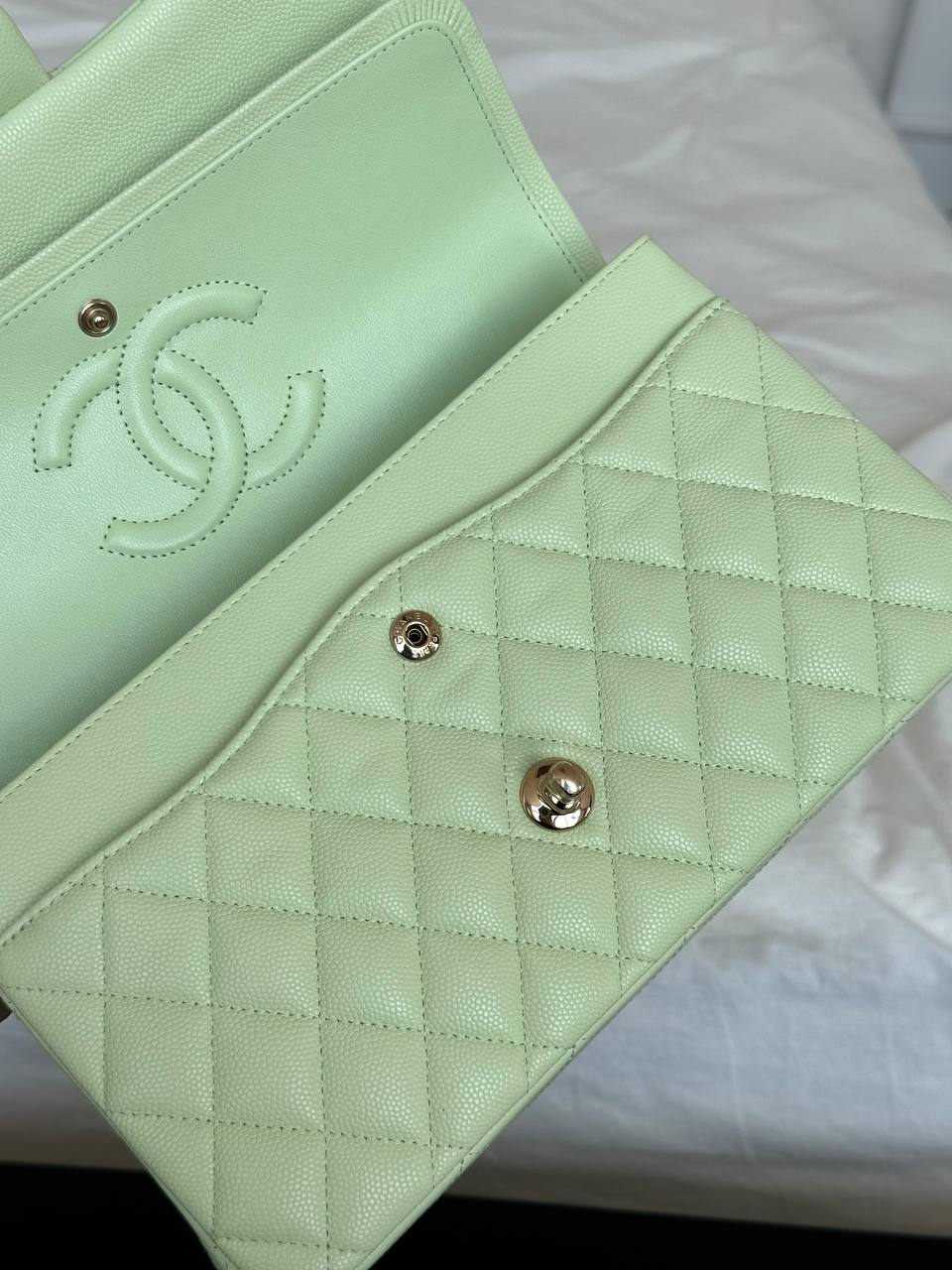 CHANEL Classic Flap Light Green Caviar Quilted Leather Bag with Light Gold Hardware