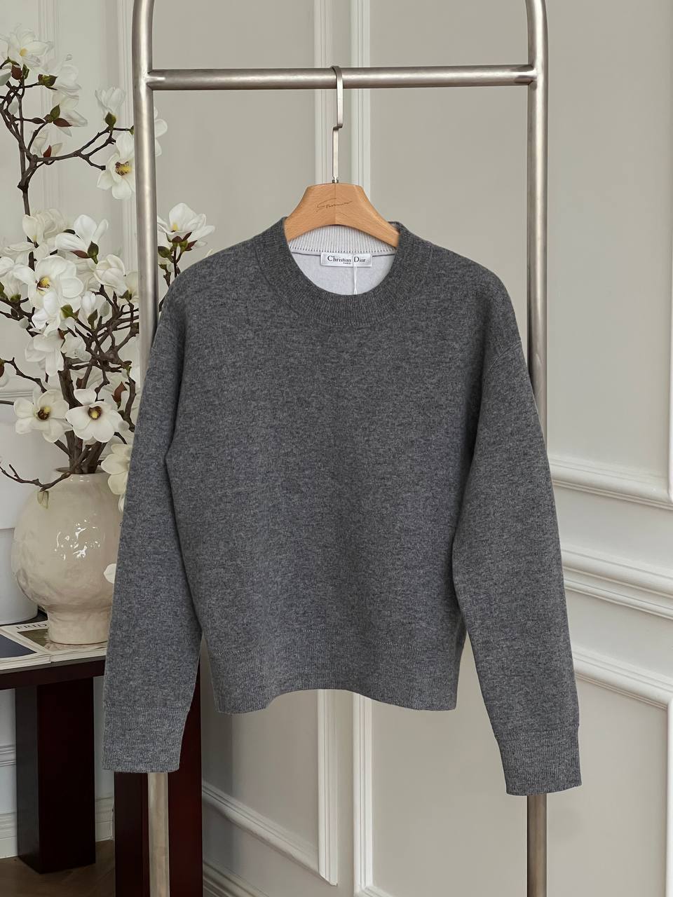 Christian Dior Heather Grey Crew Neck Solid Wool Cropped Knit Sweater