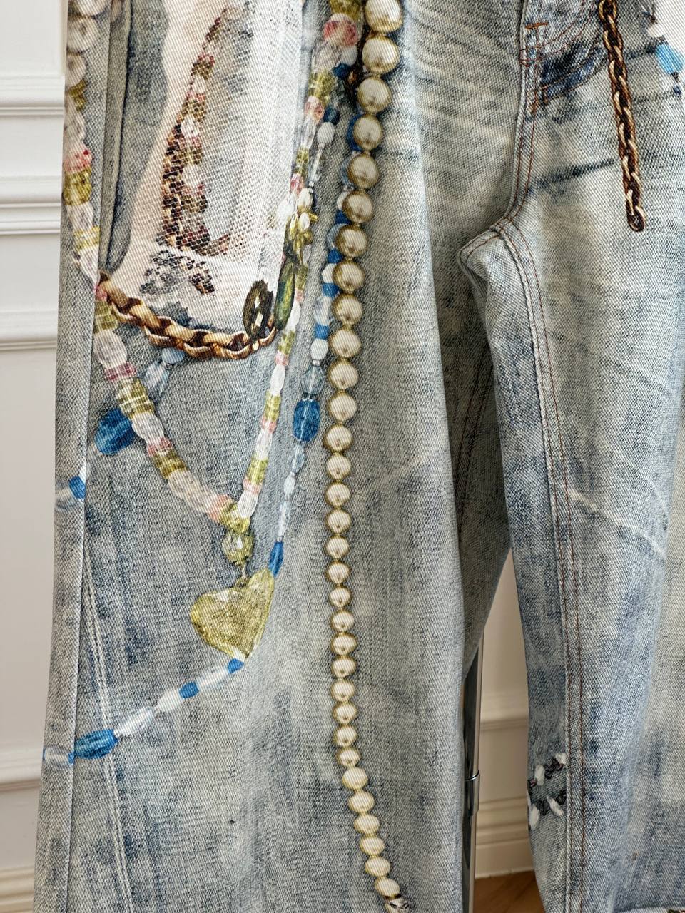 Acne Studios 25FW 2006 Wide-Leg Curved Jeans with Trompe-l'oeil Lace & Pearl Print