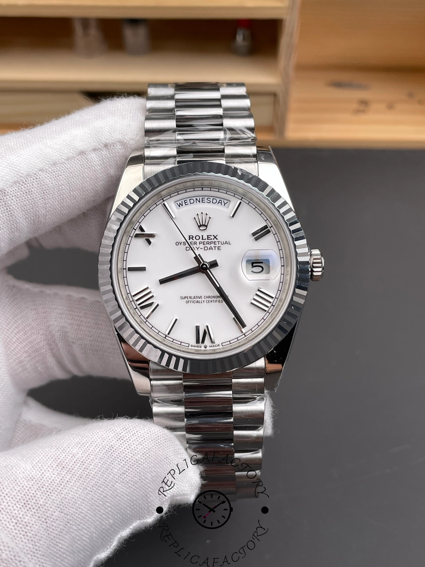 Rolex Day-Date 228239 White Roman Dial Fluted Bezel 40mm Mens Replica Watch