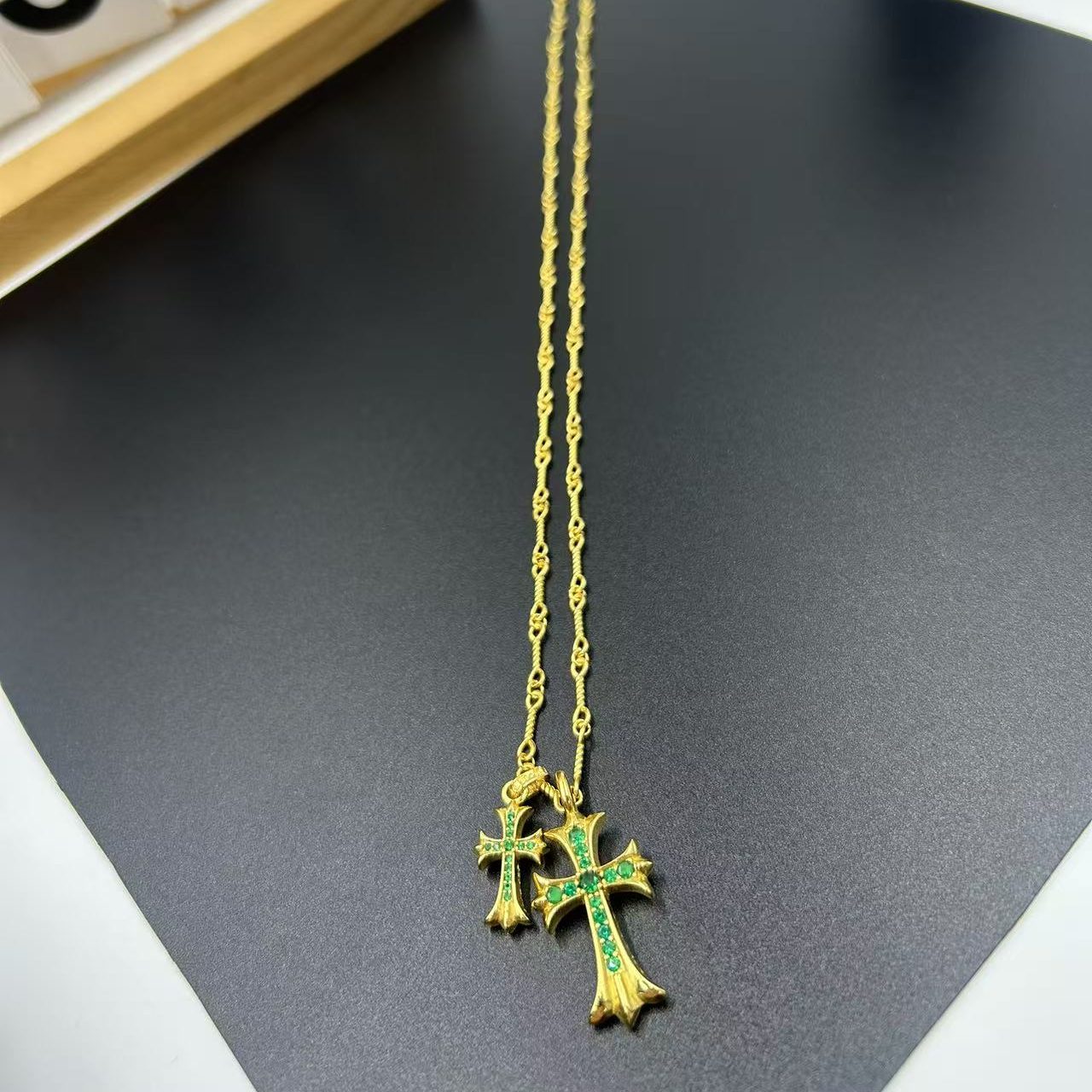CHROME HEARTS 22K GOLD GREEN DIAMOND DOUBLE CROSS LAYERED NECKLACE