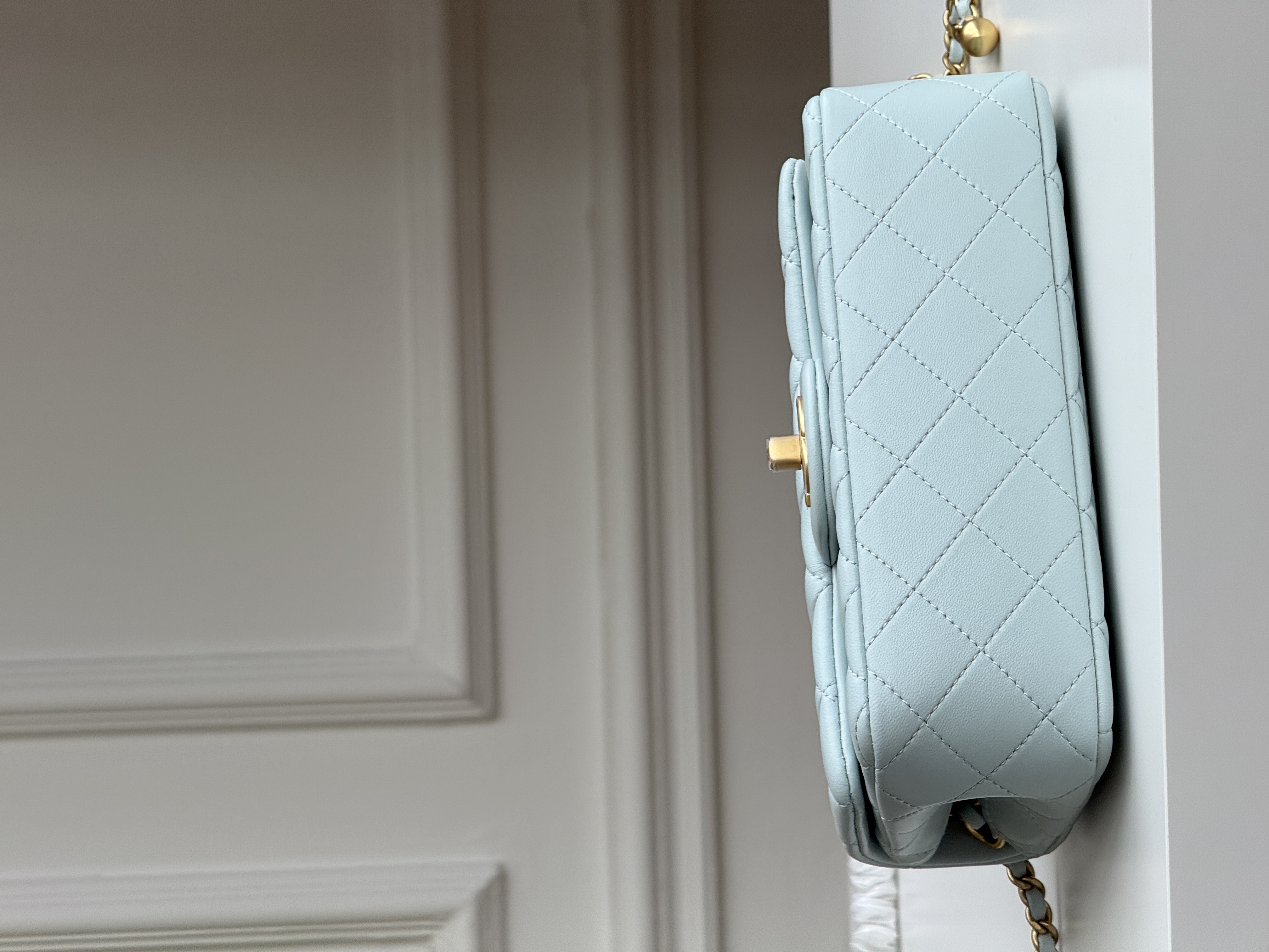 Chanel Light Blue Caviar Leather Classic Flap Silver CC Chain Bag