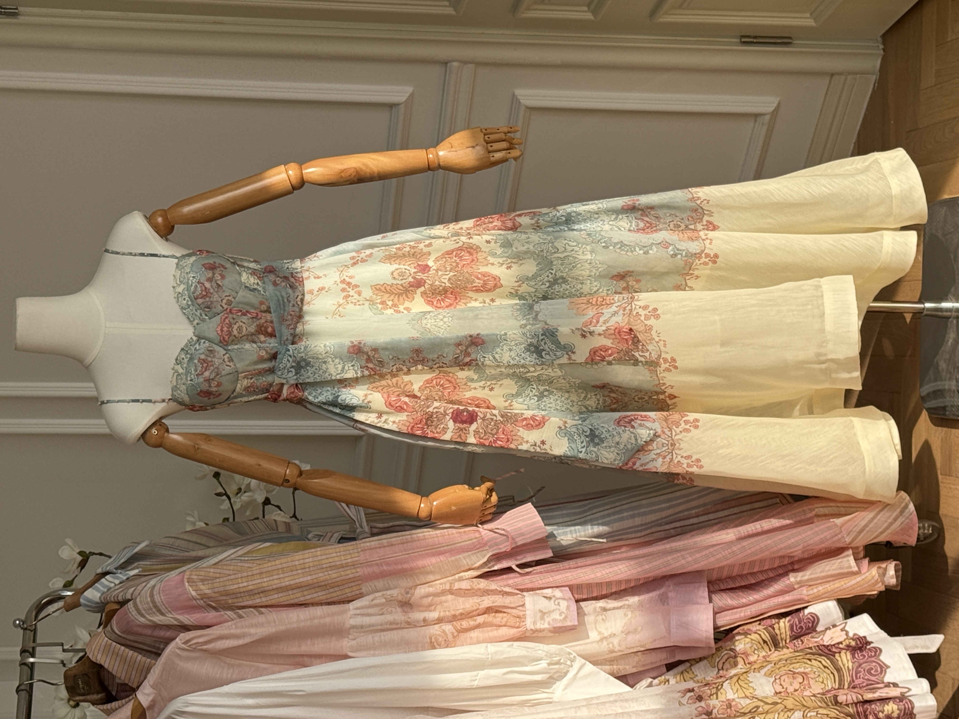 French Vintage Printed Waisted Spaghetti Strap Maxi Dress