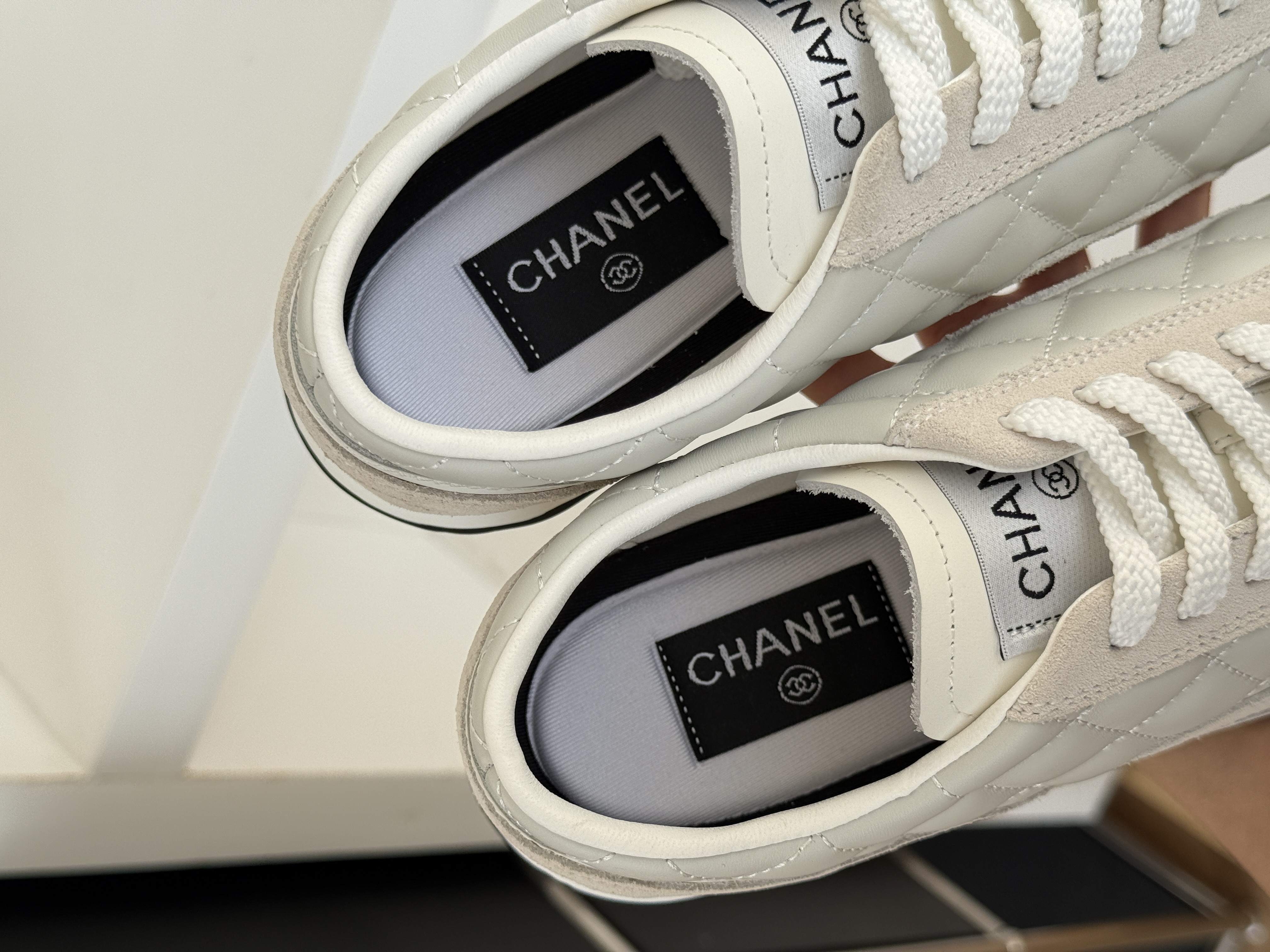 Chanel Quilted Lambskin Suede Trim Lace-Up Trainer Sneakers