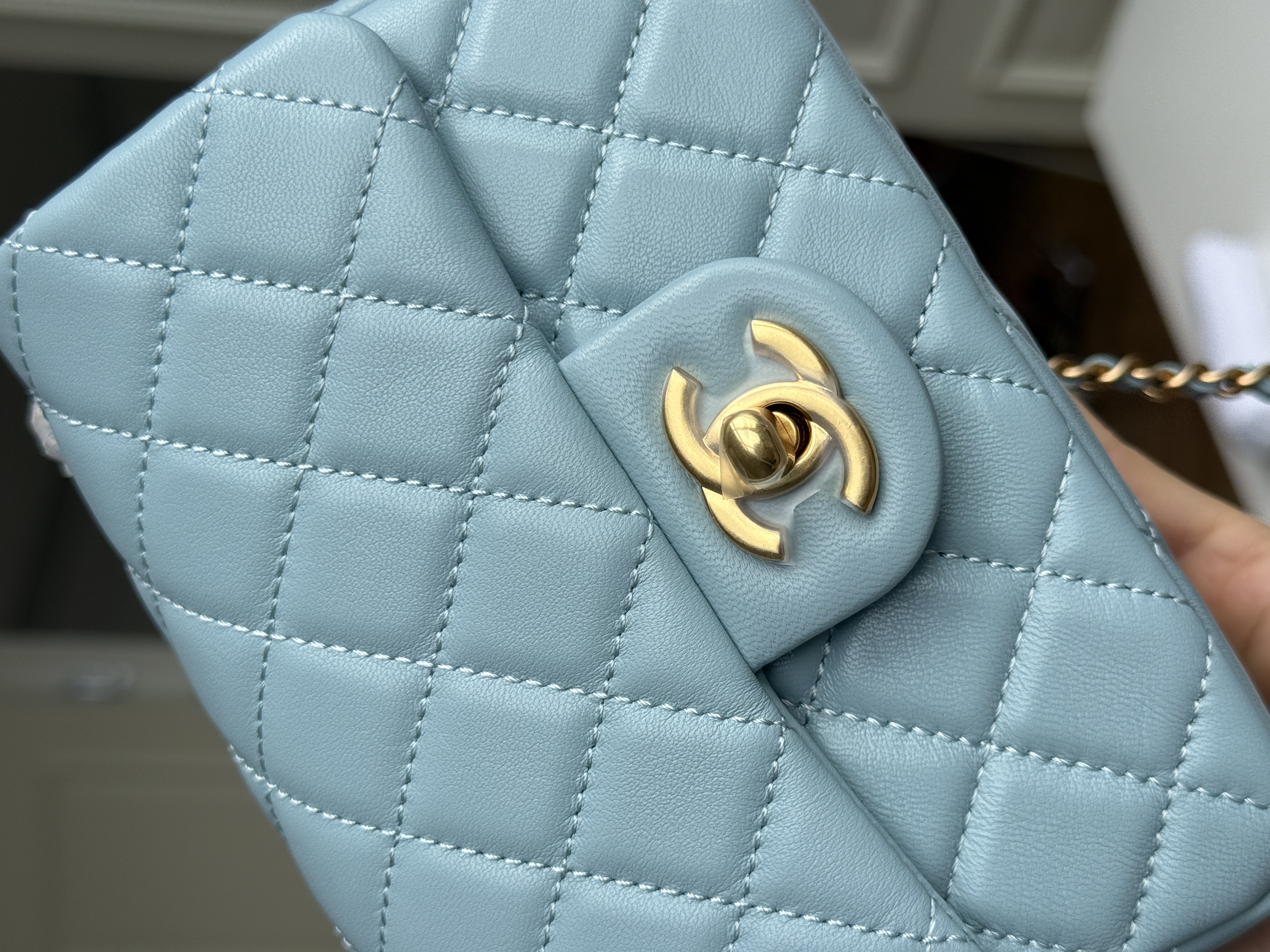 Chanel Baby Blue Lambskin Mini Classic Flap Gold CC Chain Bag