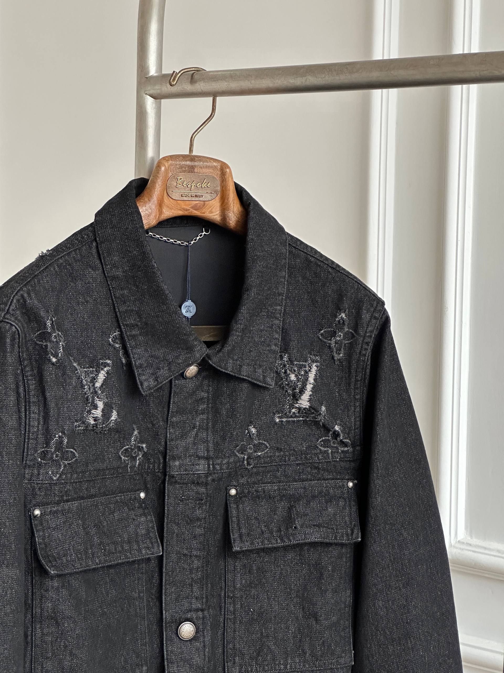 Louis Vuitton Black Washed Distressed LV Monogram Collar Denim Jacket