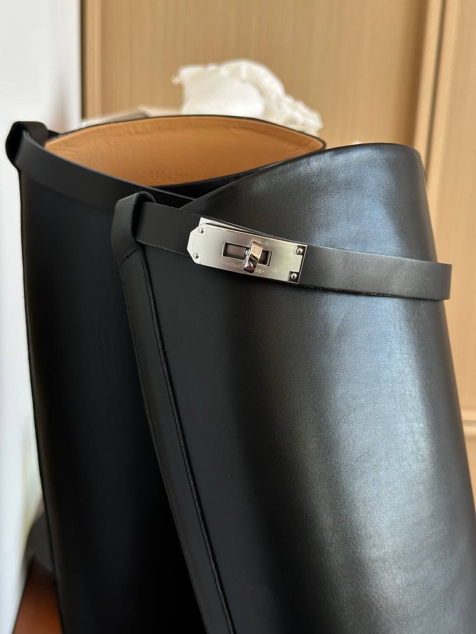 Hermès Kelly Buckle Black Polished Leather Straight Tall Riding Boots