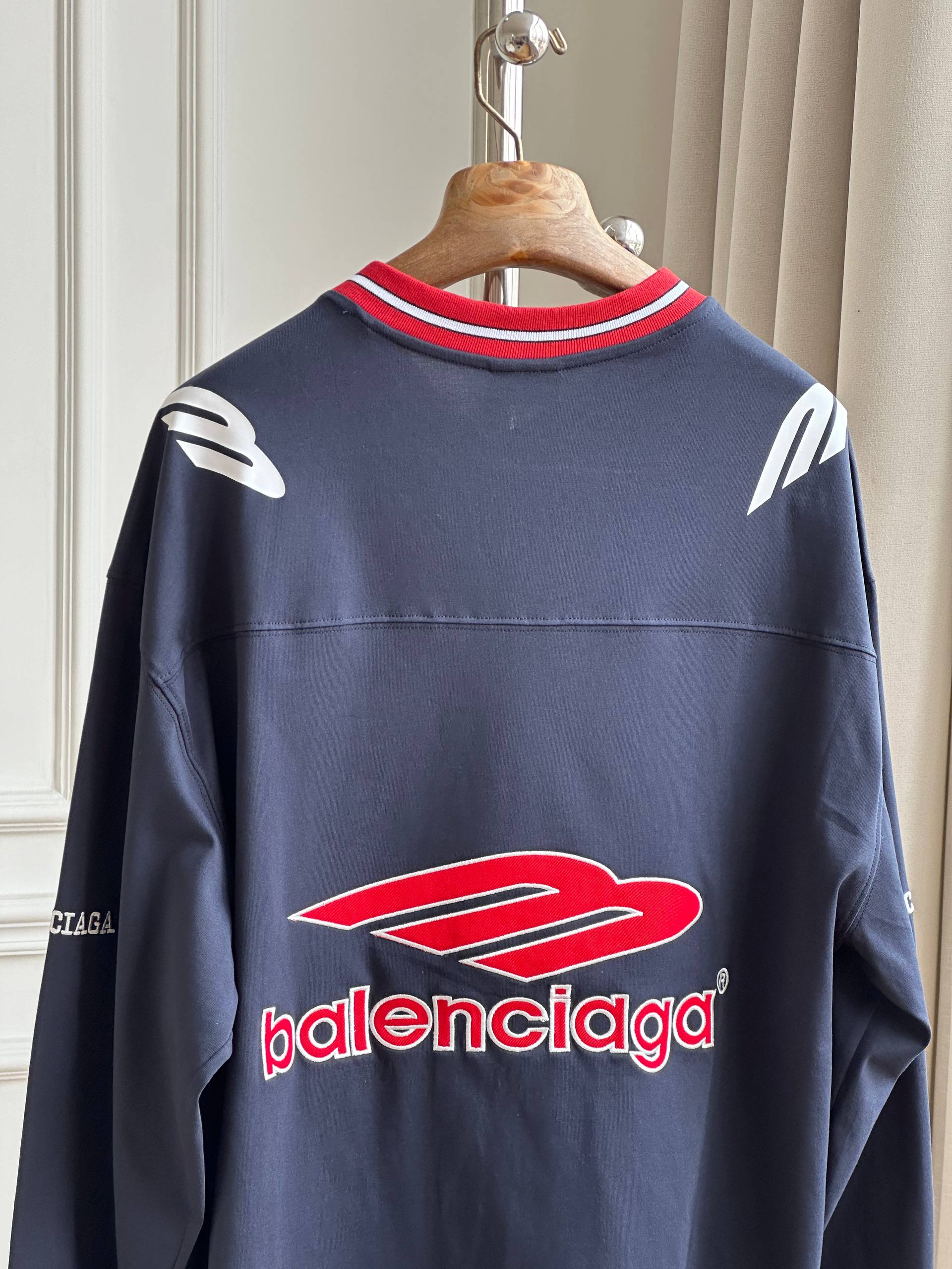 Balenciaga B Logo Racing Stripe Collar Long Sleeve Jersey Tee