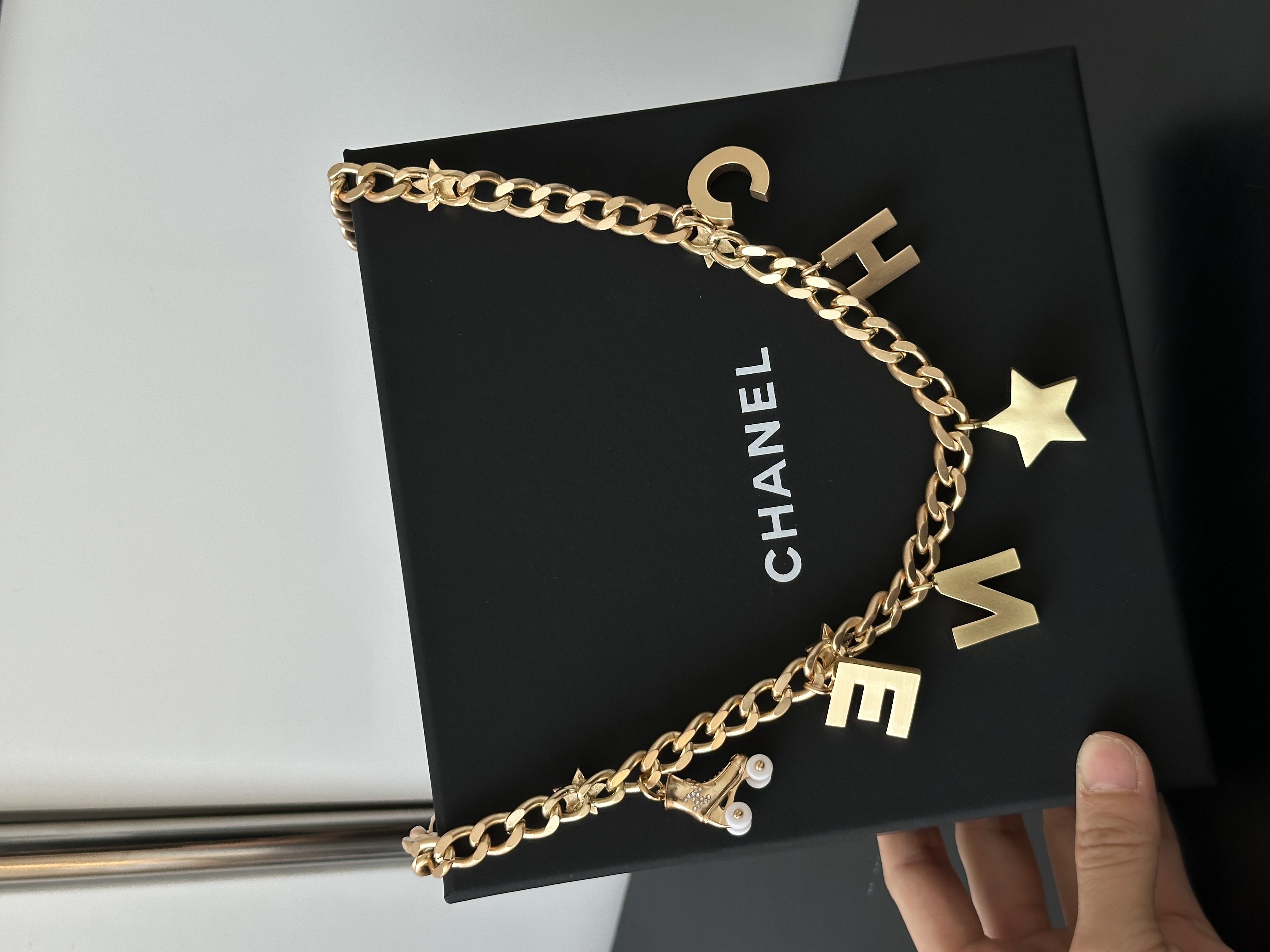 Chanel Light Gold Thick Cuban Chain Waist Belt With Crystal CHANE Letters, Star & Pearl Charms, Dual-Purpose As Necklace
