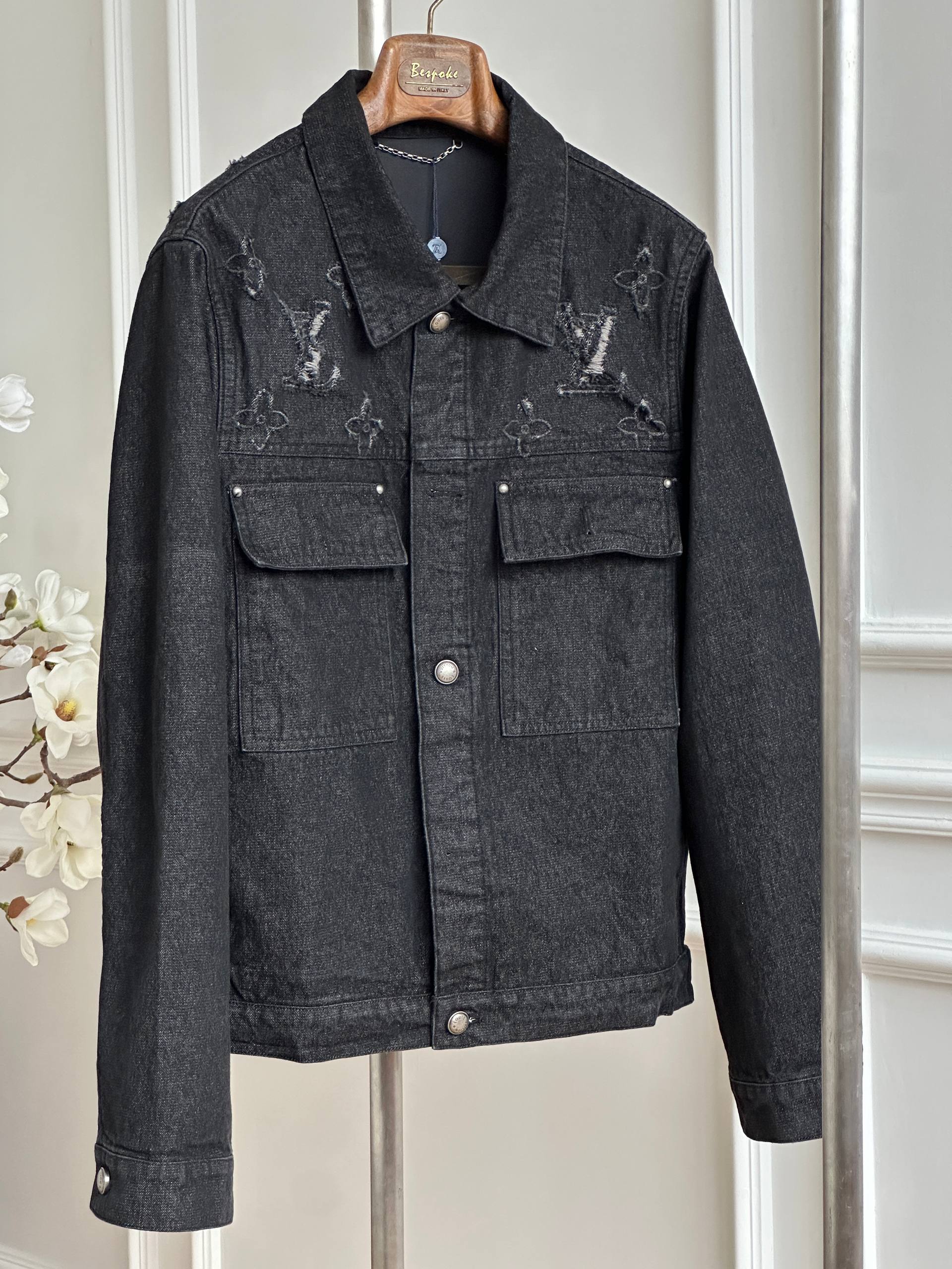Louis Vuitton Black Washed Distressed LV Monogram Collar Denim Jacket