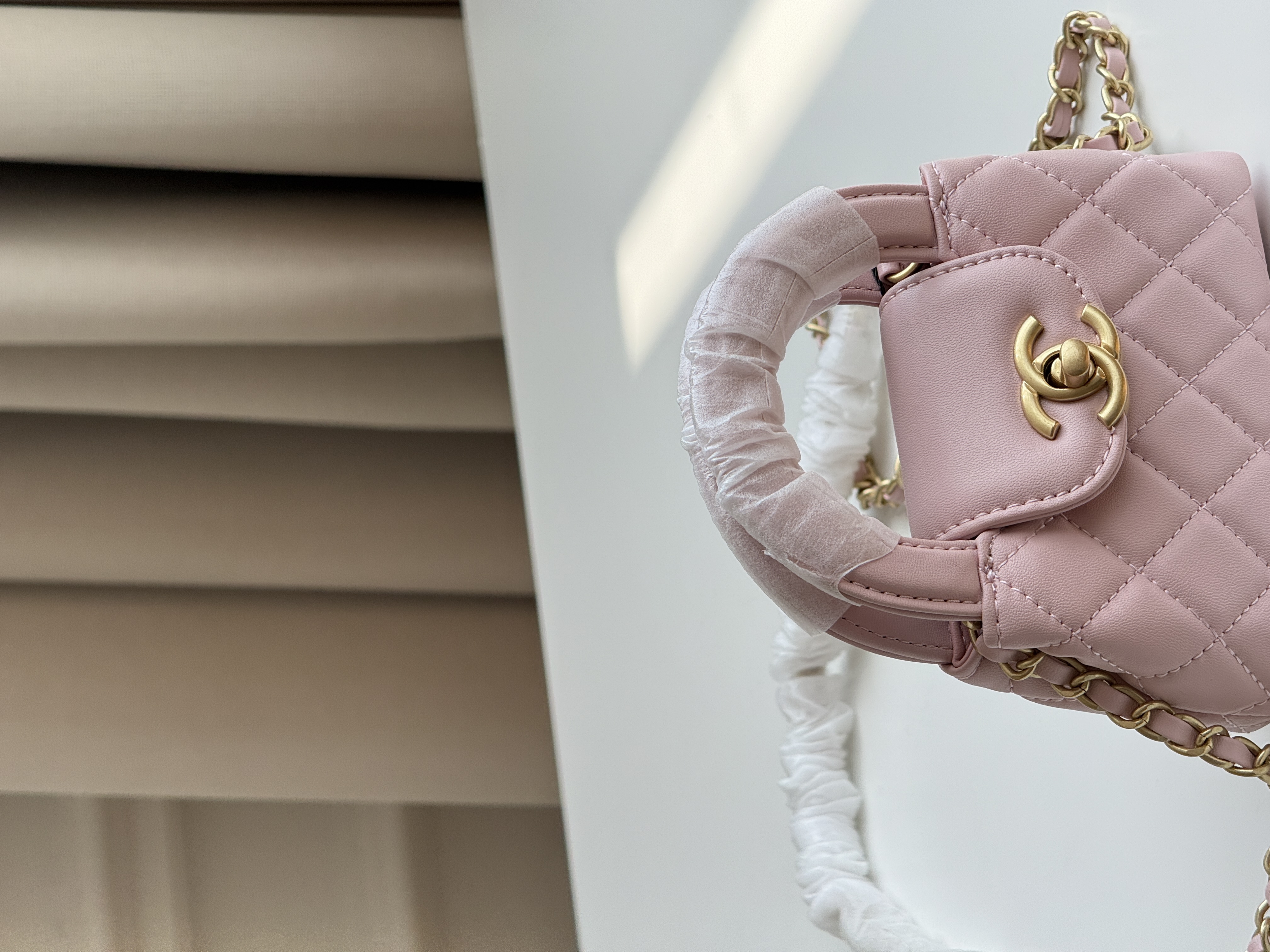 Chanel Cherry Blossom Pink Smooth Lambskin Mini Top Handle Quilted Crossbody Bag With Gold CC Turnlock