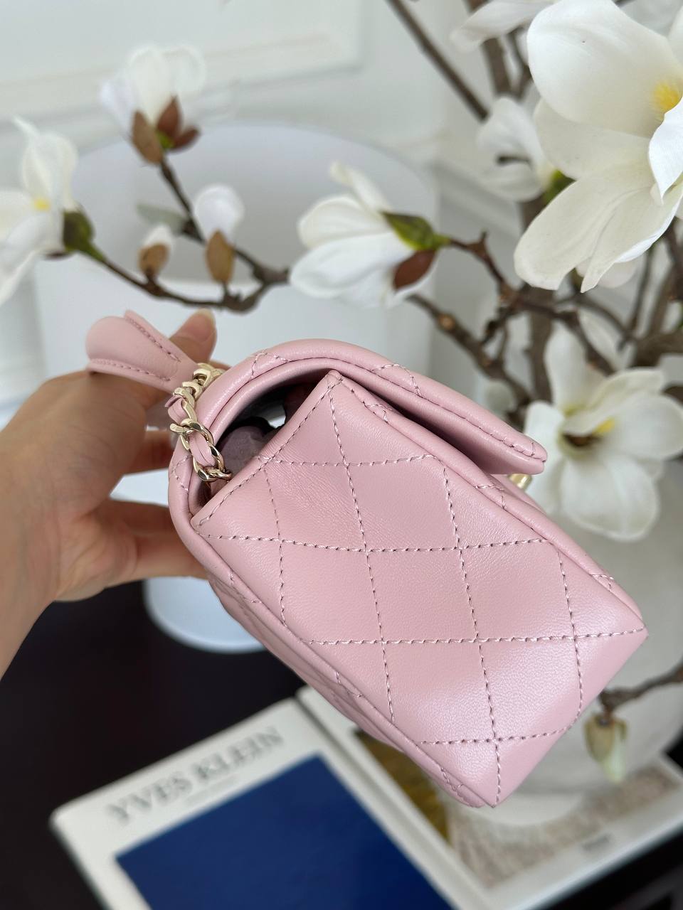 Chanel Sakura Pink Lambskin Quilted Top Handle Mini Classic Flap Bag