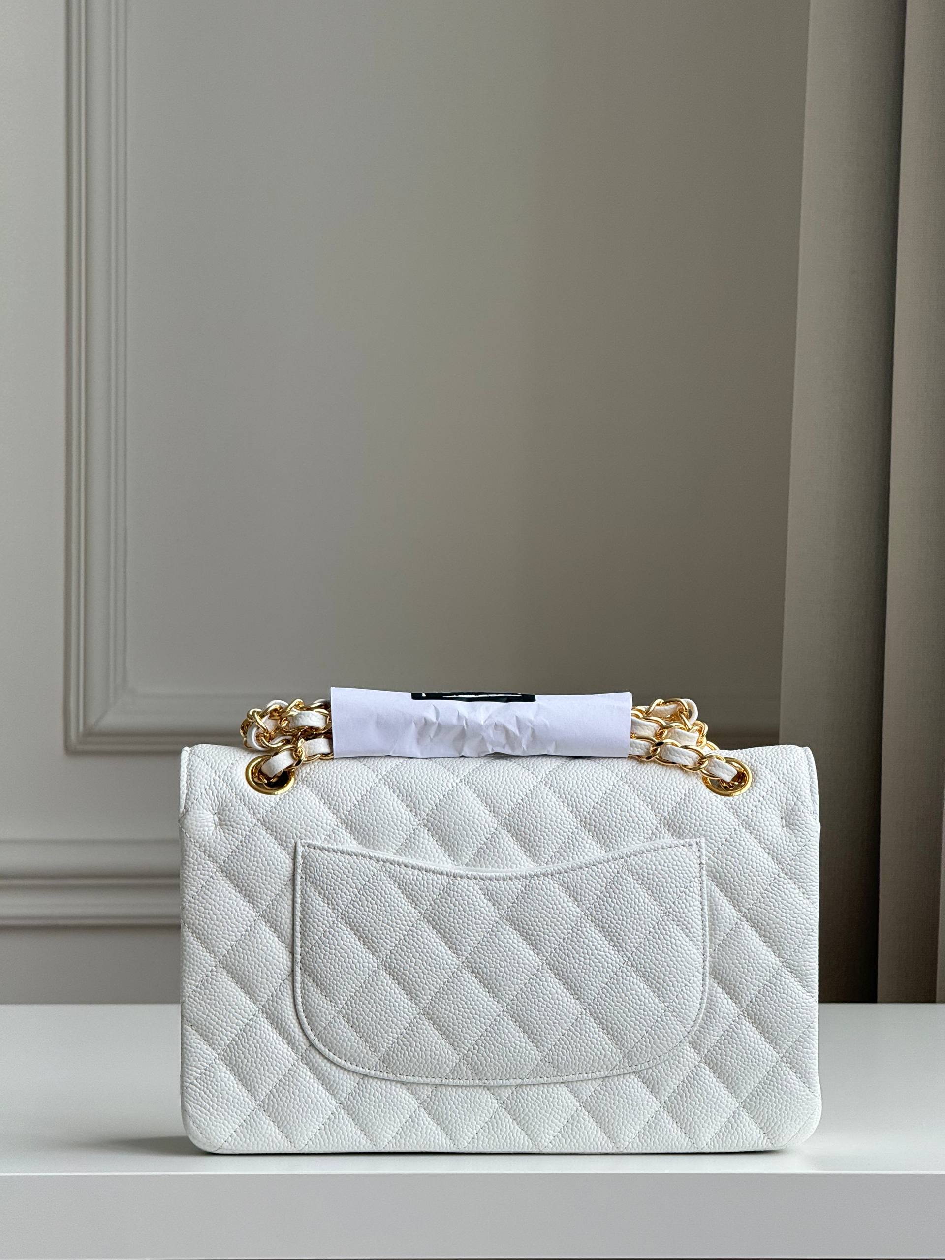 Medium-sized Chanel Classic Flap (CF) White Caviar Leather Gold-Tone Hardware Chain Bag