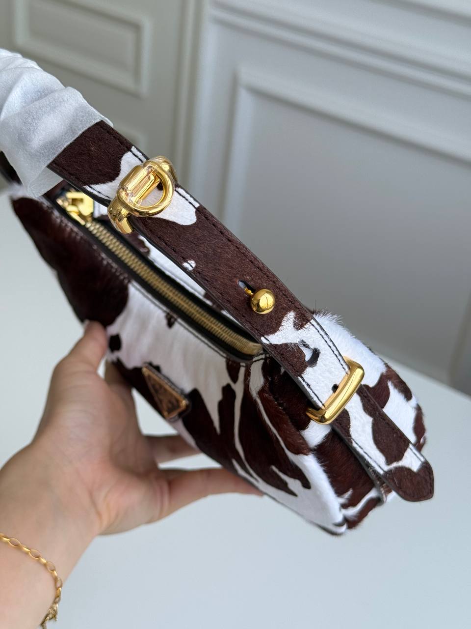 Prada Mini Cow-Print Calf Hair Arqué Shoulder Bag