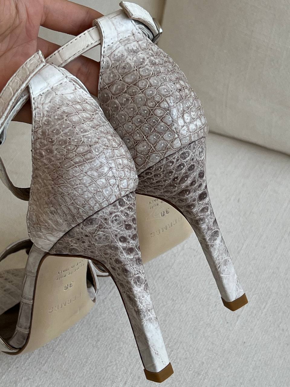 Hermès Himalaya Croc Embossed Cutout Stiletto Ankle Strap Sandals