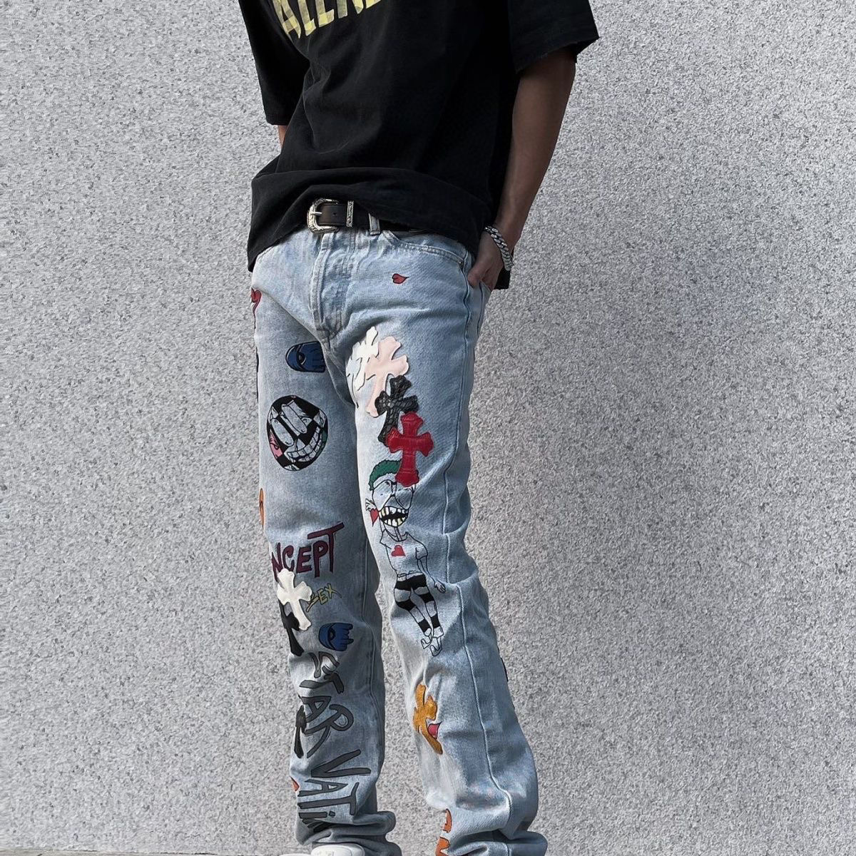 cross hand-painted cartoon straight leg jeans