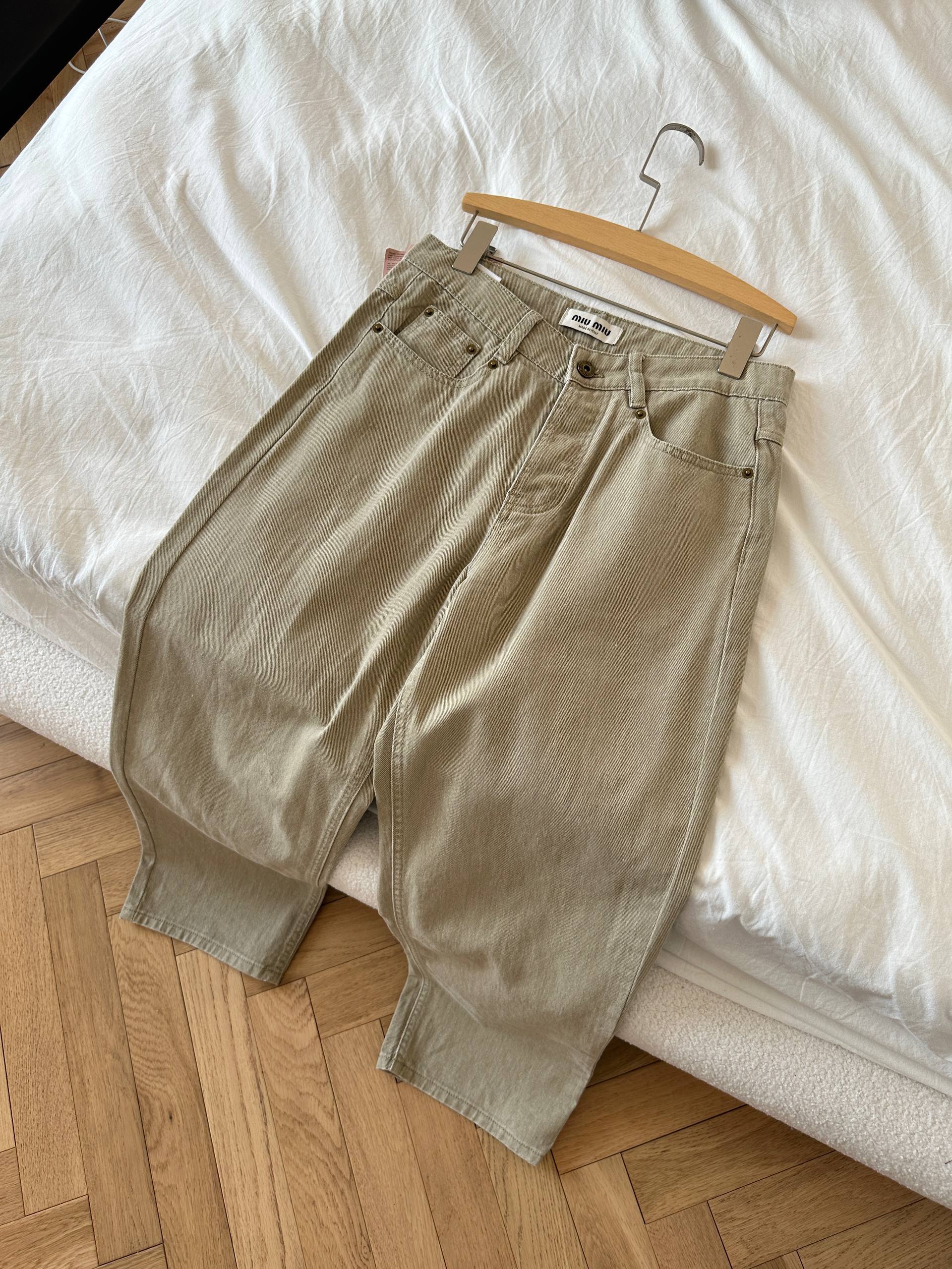 Miu Miu Light Khaki Washed Loose Tapered Cropped Jeans
