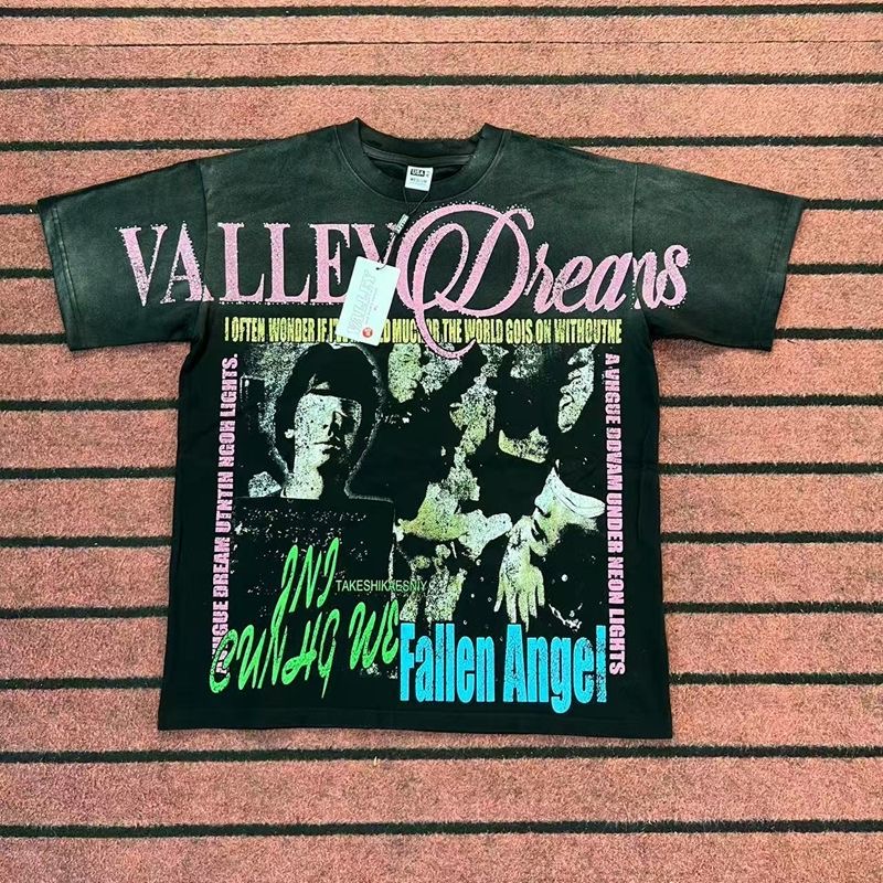 Vale Beaded Letter Print Retro Streetwear Weathered Loose-Fitting Casual Men's and Women's Short-Sleeved T-Shirt