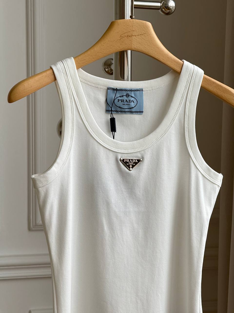 Prada Ribbed Cotton Tank Top with Triangular Logo Plaque