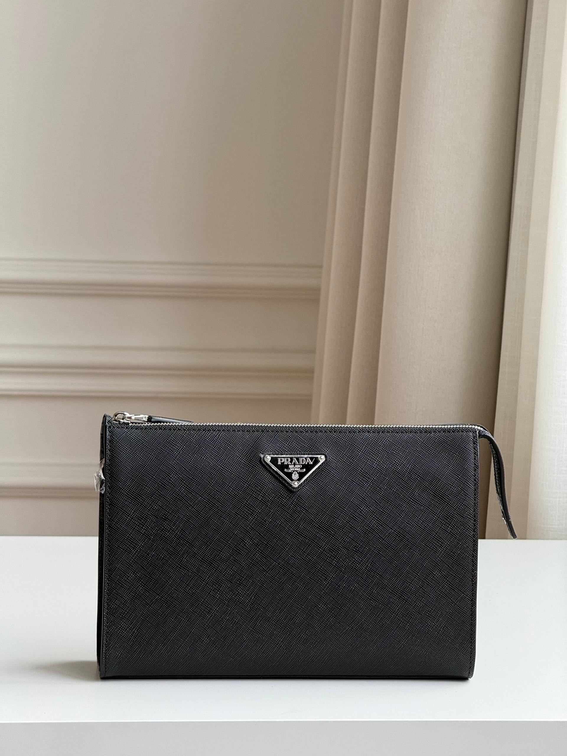 Prada Saffiano Leather Triangle Logo Zip Clutch Pouch